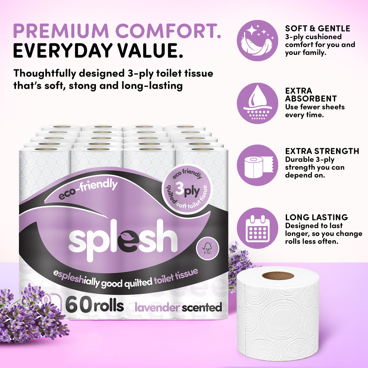 Splesh lavender scented scented toilet paper, 60 rolls