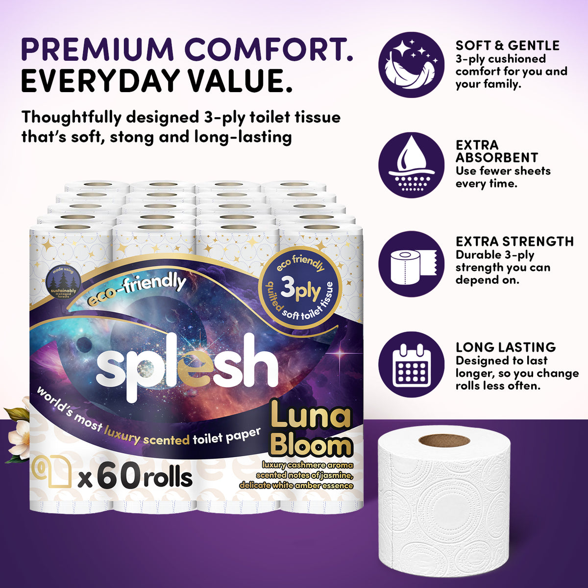 Splesh luna bloom luxury scented toilet paper, 60 rolls
