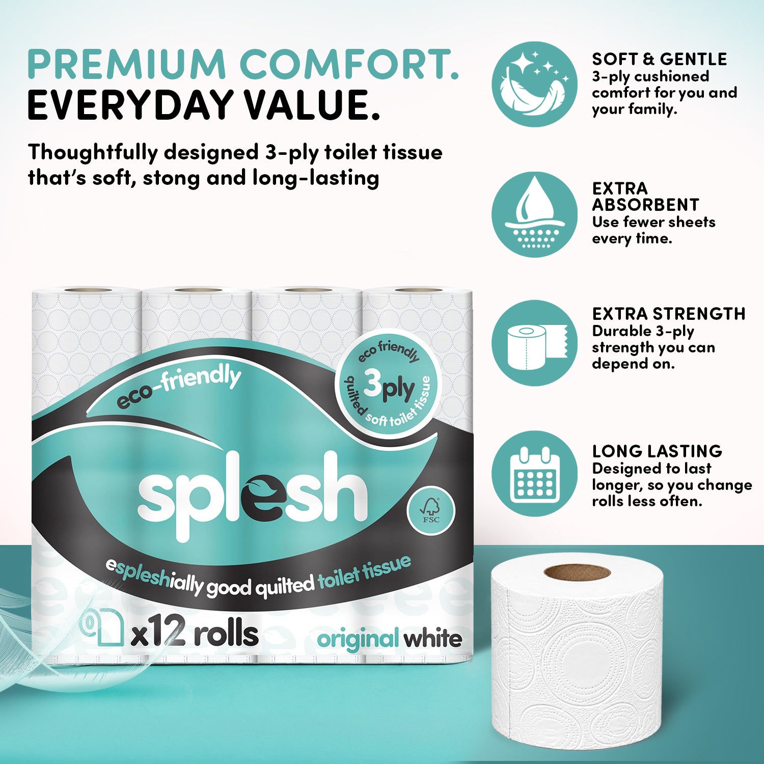 Splesh toilet roll 3ply, 12 rolls