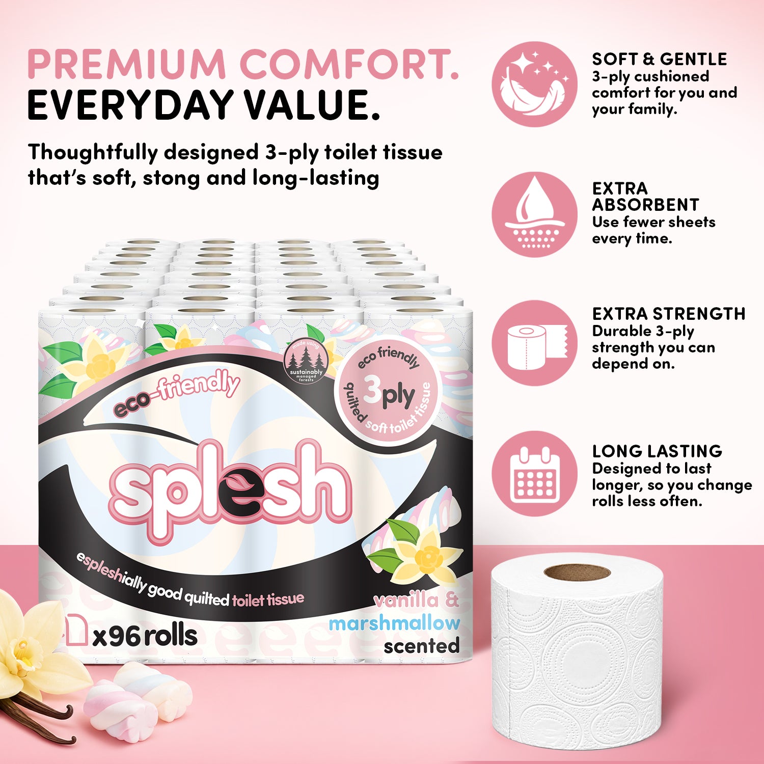 Splesh vanilla and marshmallow scented 3-ply toilet tissue, 96 rolls