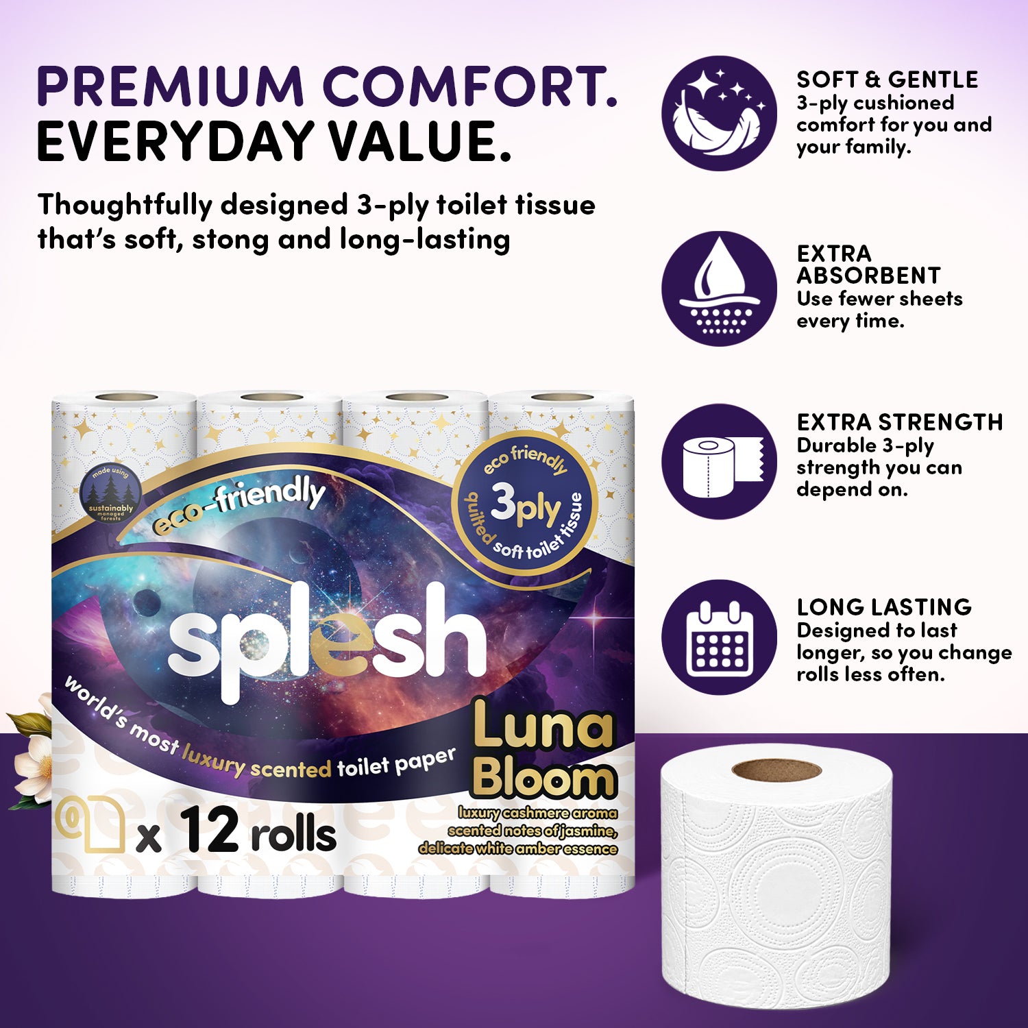 Splesh luna bloom luxury scented toilet roll, 12 rolls