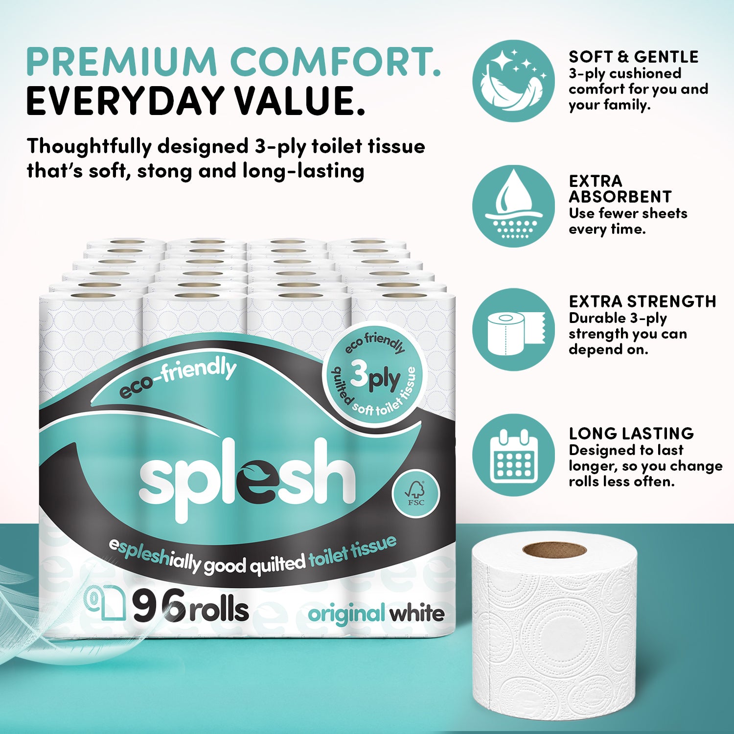 Splesh toilet roll 3ply, 96 rolls, original white