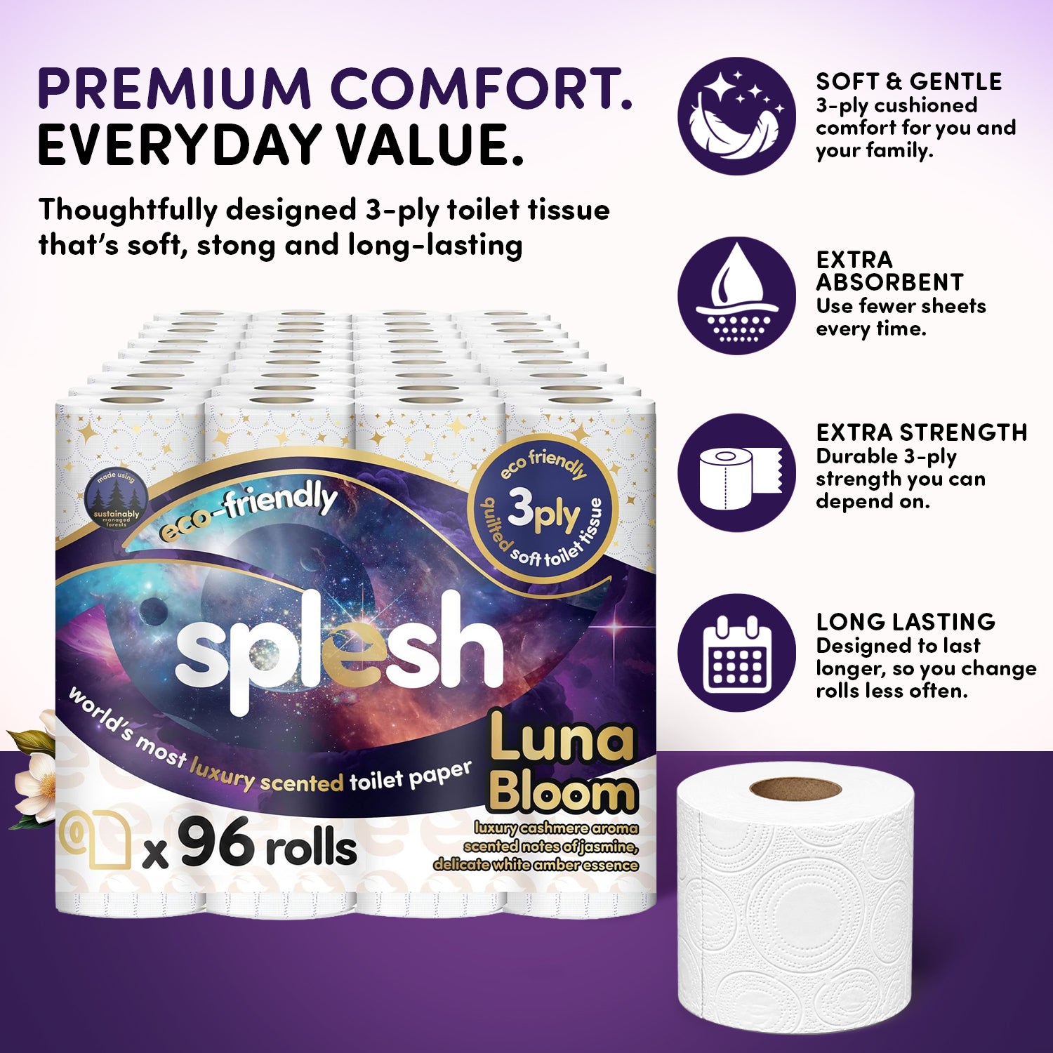 Splesh luna bloom luxury scented toilet roll, 96 rolls