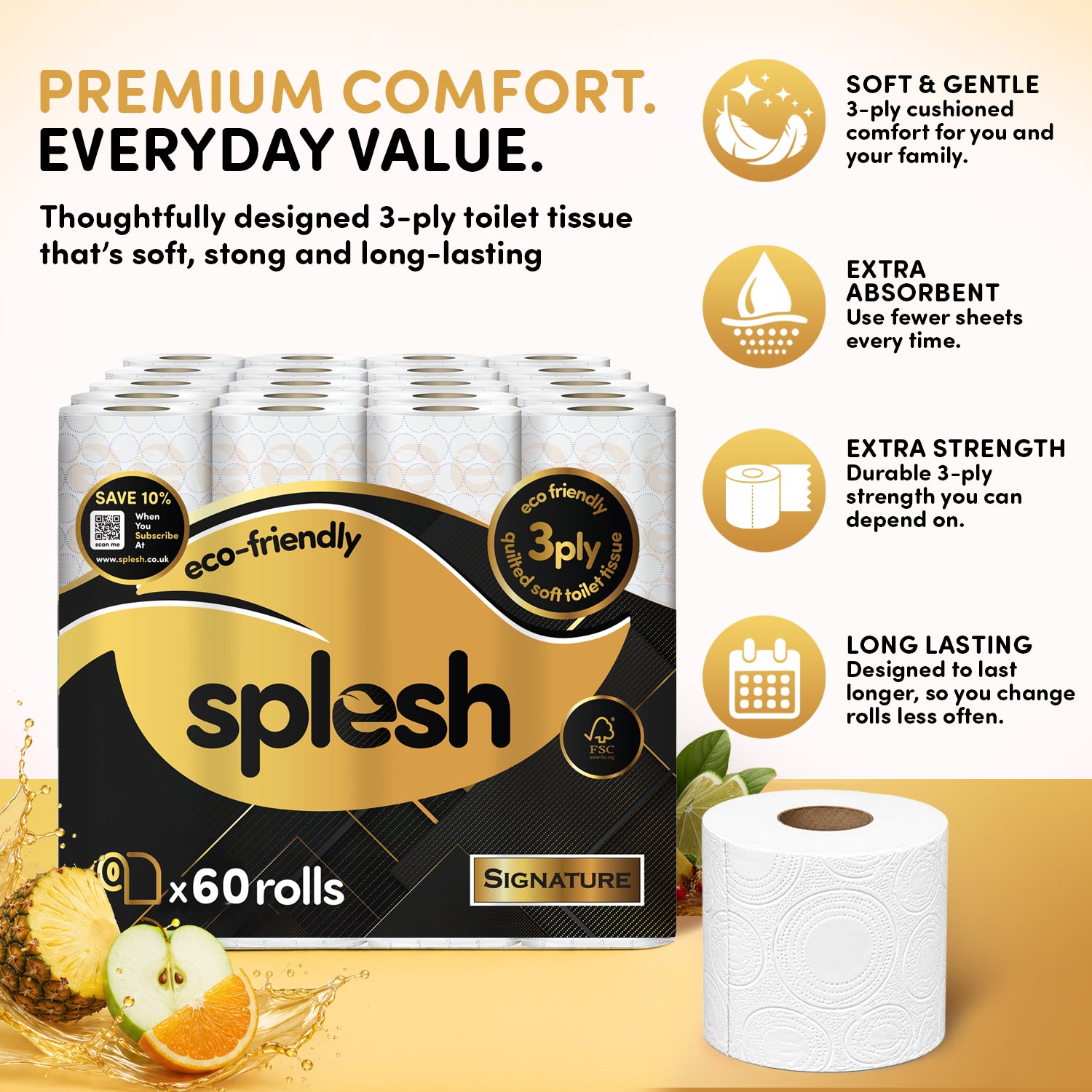 Splesh Signature 3-ply toilet rolls long lasting , 60 rolls