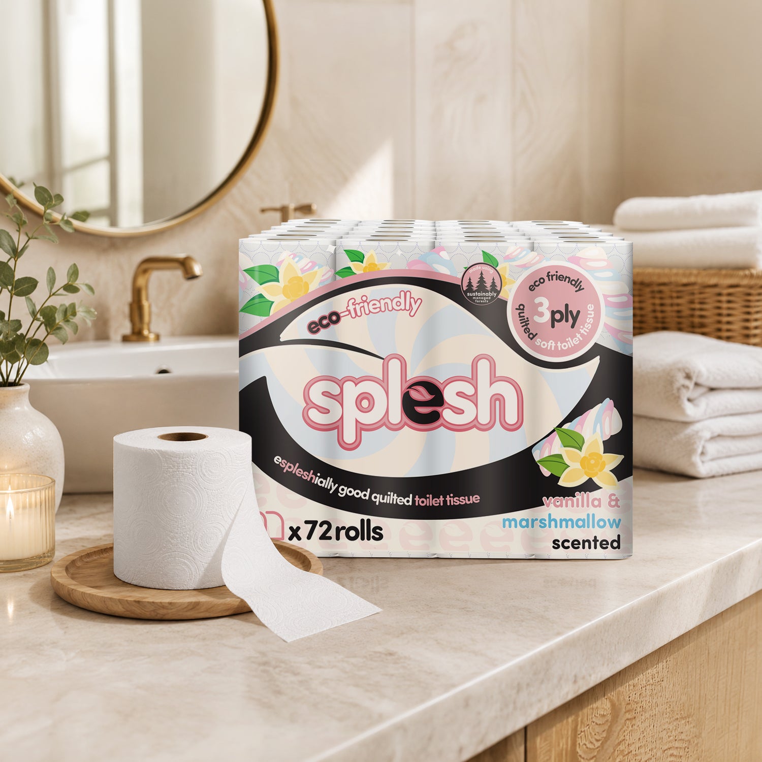 Splesh vanilla and marshmallow scented 3-ply toilet tissue, 72 rolls
