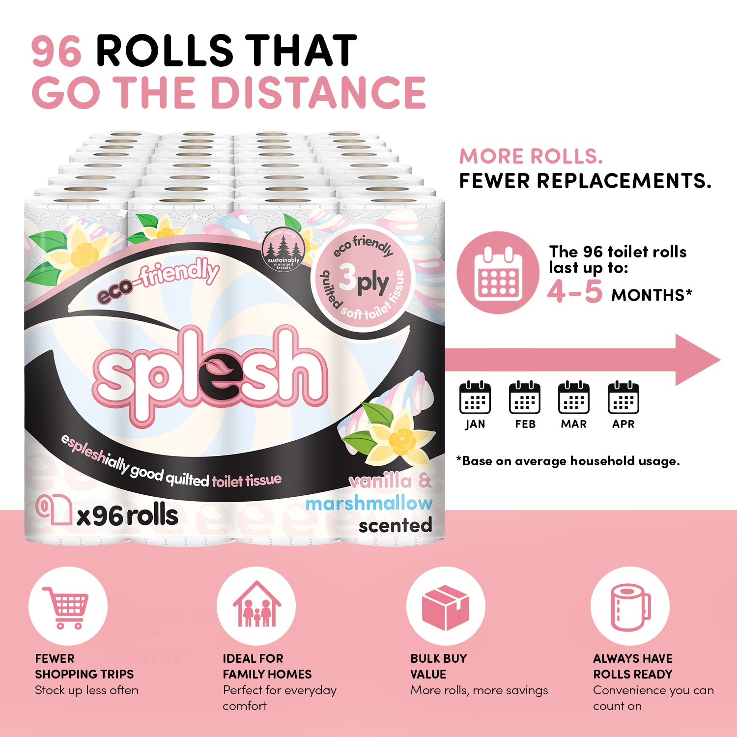 Splesh vanilla and marshmallow scented 3-ply toilet tissue, 96 rolls