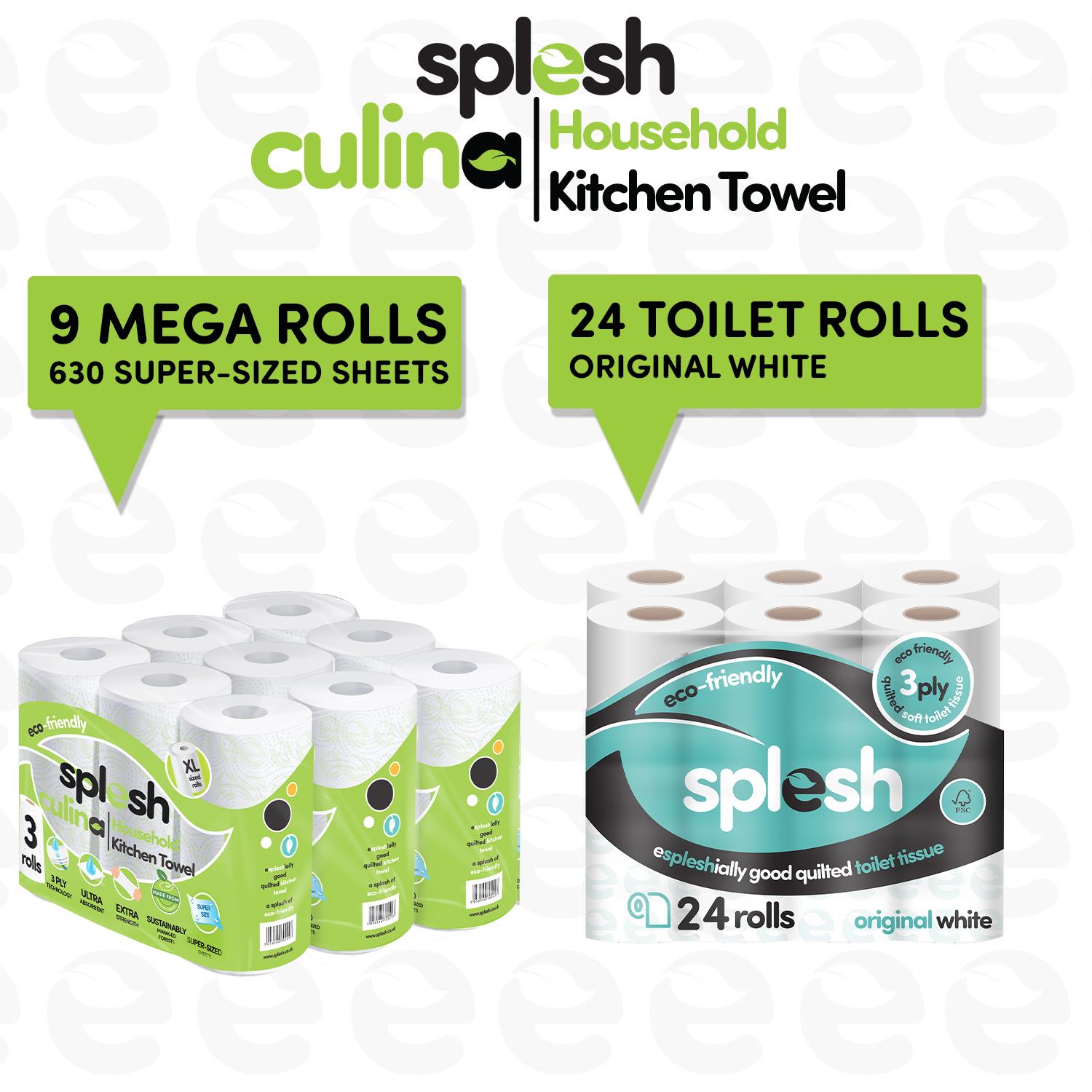 Splesh Toilet Roll Quilted White 24 Rolls with Culina Kitchen Towel 9 Rolls - Splesh