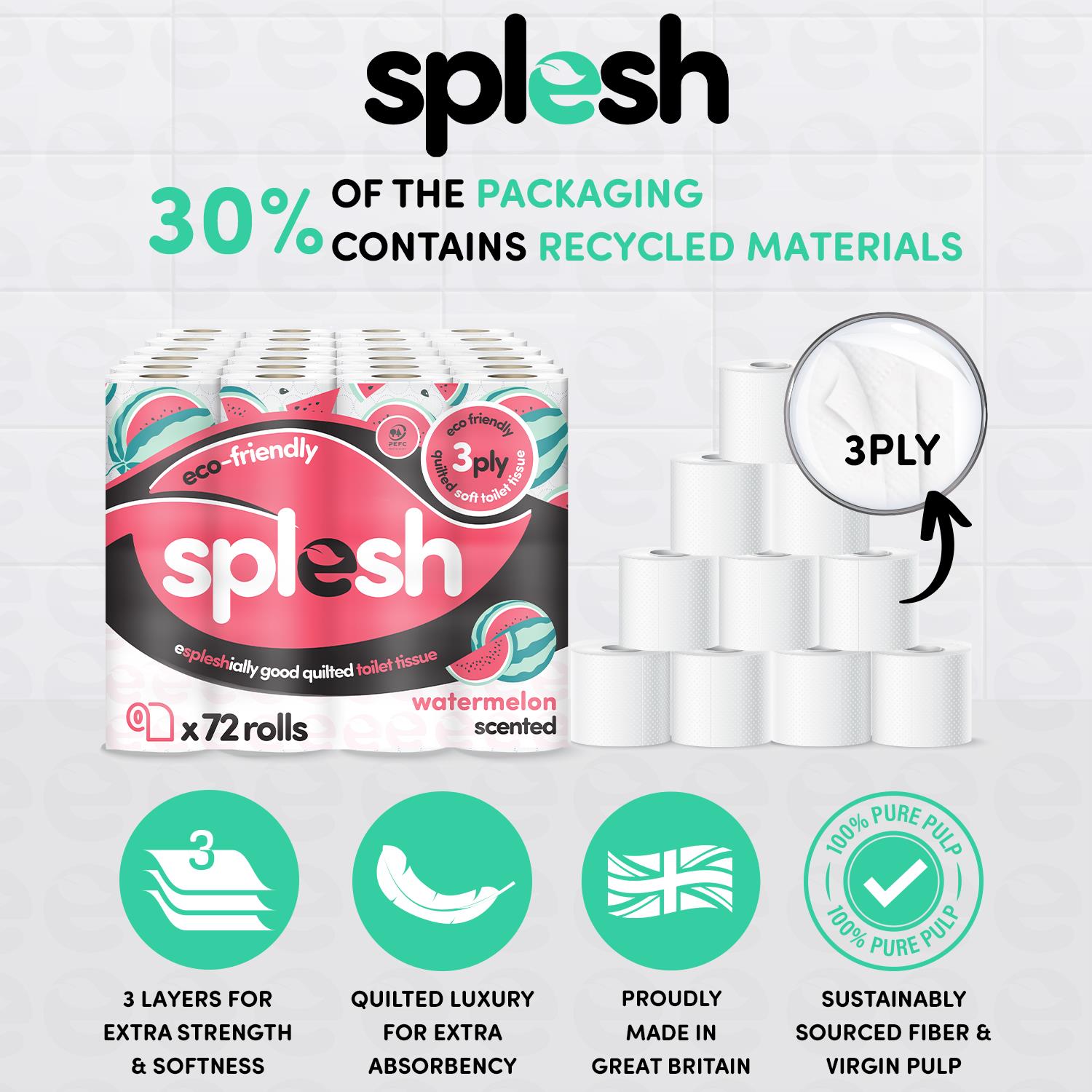 Splesh Quilted Toilet Roll Luxury Watermelon 3-Ply Soft Toilet Paper, 96 Rolls - Splesh