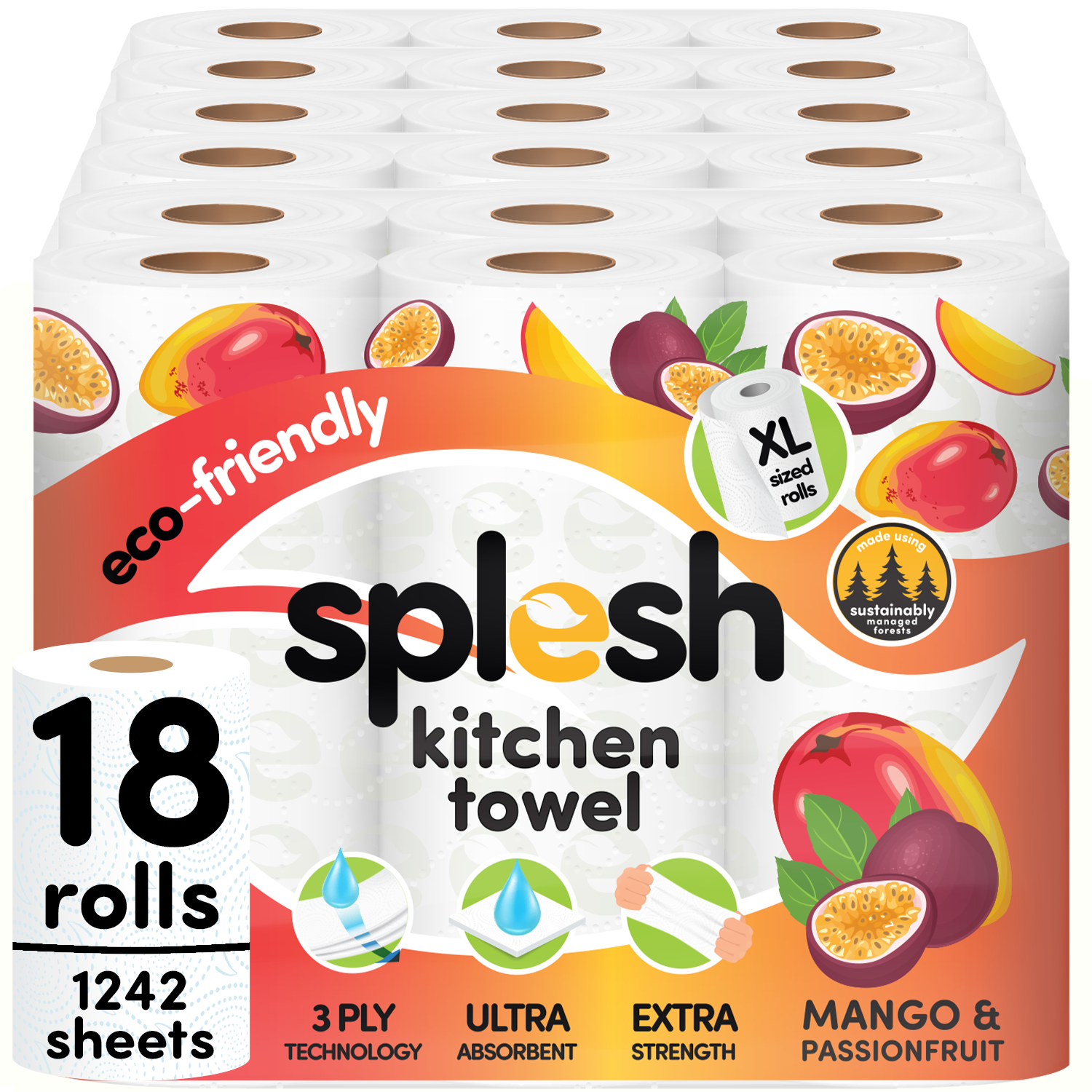 Splesh Culina Kitchen Towel - Mango & Passionfruit scented 3 Ply Ultra Absorbent Household XL Roll, 18 Rolls - Splesh