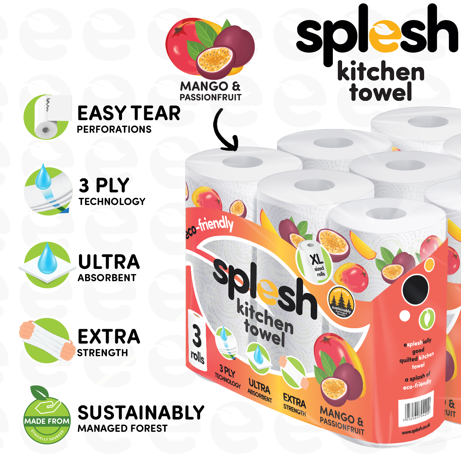 Splesh Culina Kitchen Towel - Mango & Passionfruit scented 3 Ply Ultra Absorbent Household XL Roll, 18 Rolls - Splesh