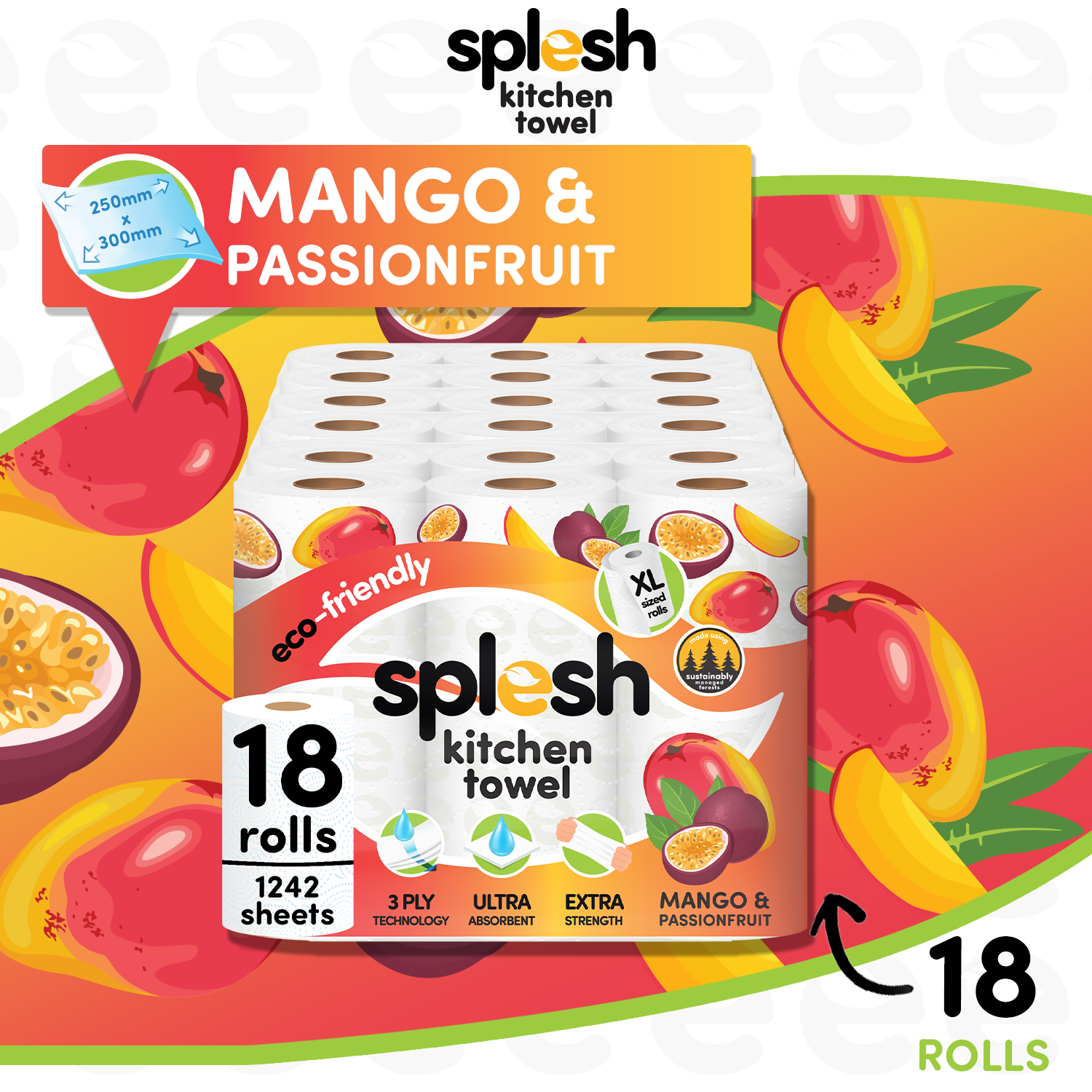 Splesh Culina Kitchen Towel - Mango & Passionfruit scented 3 Ply Ultra Absorbent Household XL Roll, 18 Rolls - Splesh