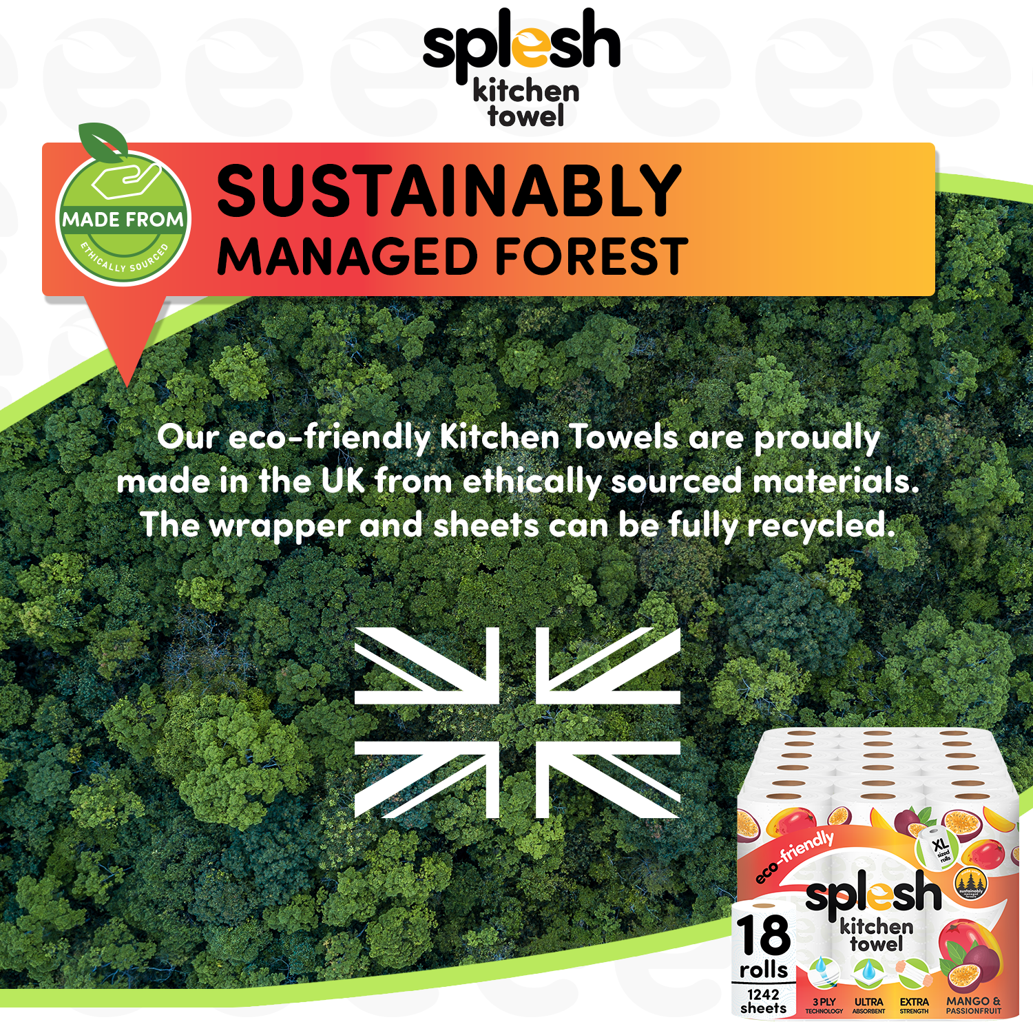 Splesh Culina Kitchen Towel - Mango & Passionfruit scented 3 Ply Ultra Absorbent Household XL Roll, 18 Rolls - Splesh