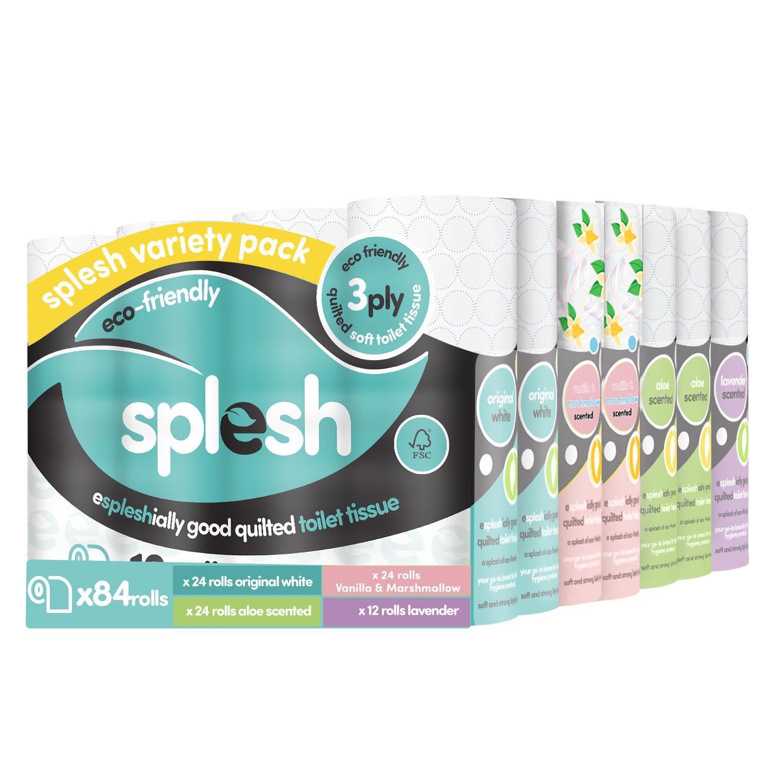 Splesh Variety Pack 84 Toilet Rolls (x24 White, Aloe, Vanilla + x12 Lavender) - Splesh