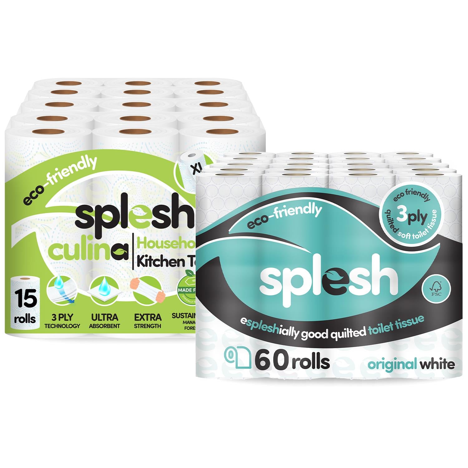 Splesh Toilet Roll Quilted White 60 Rolls with Culina Kitchen Towel 15 Rolls - Splesh
