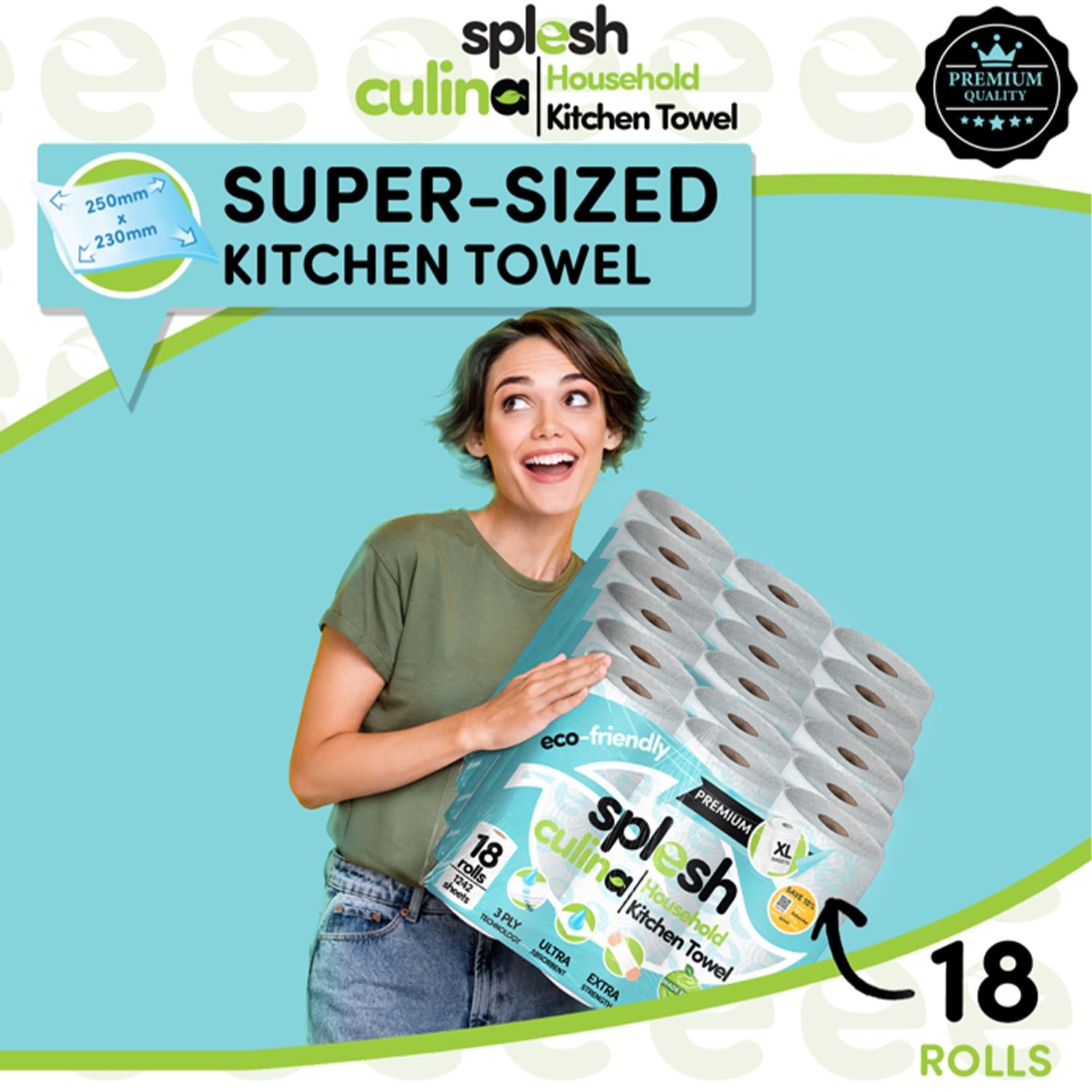 Splesh Culina Kitchen Towel 3 Ply Ultra Absorbent Household XL Roll, 18 Rolls - Splesh