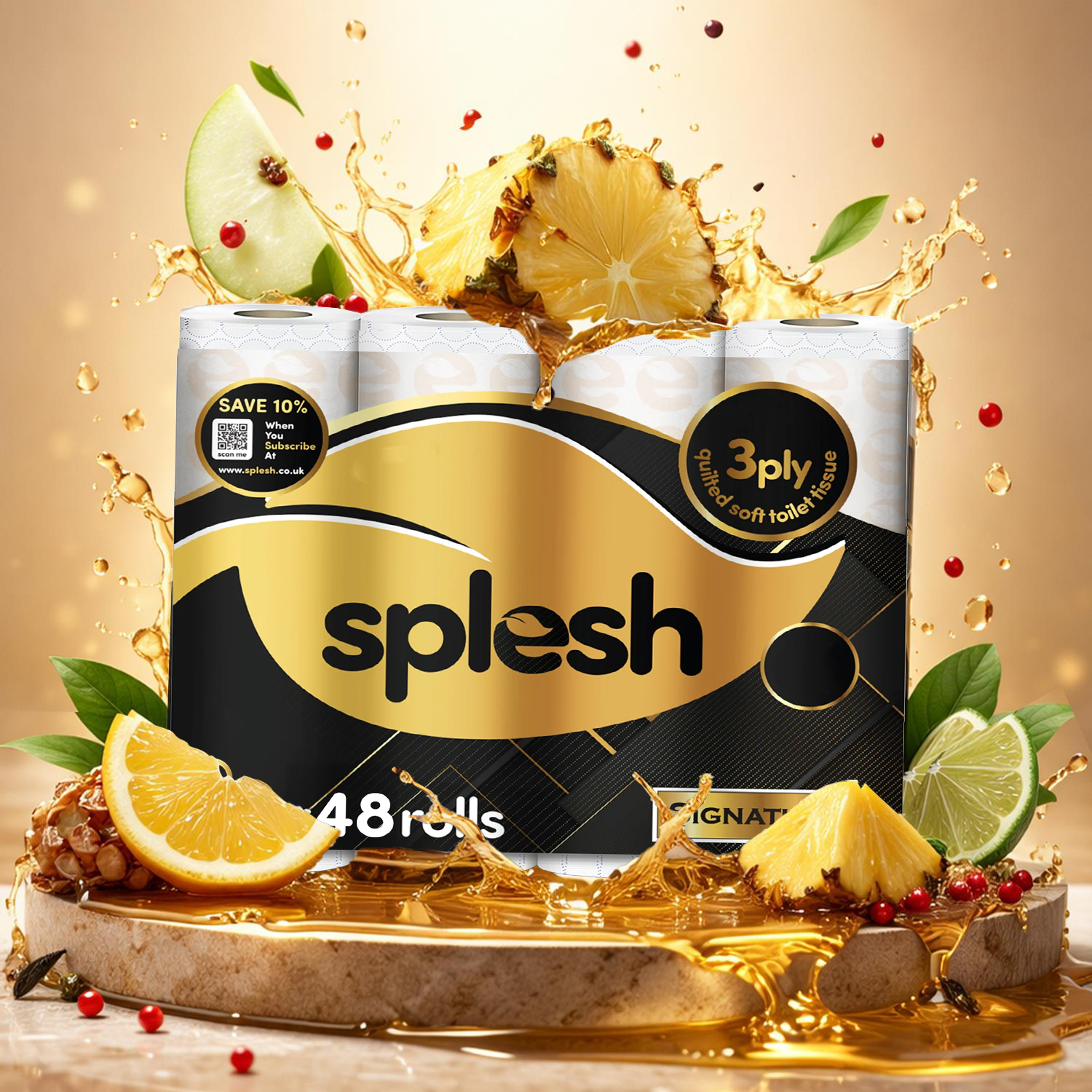 Splesh Signature 48-Rolls Pineapple, Bergamot & Smoky Woods scented toilet tissue.