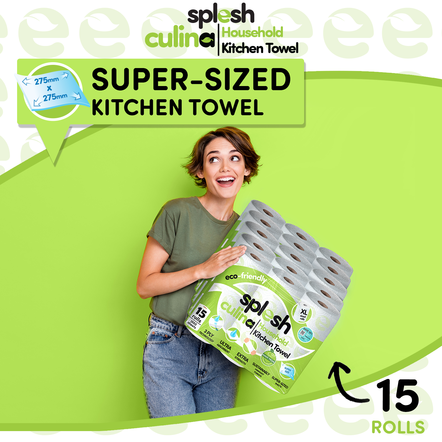 Splesh Culina Kitchen Towel 3 Ply Ultra Absorbent Household XL Roll, 15 Rolls - Splesh