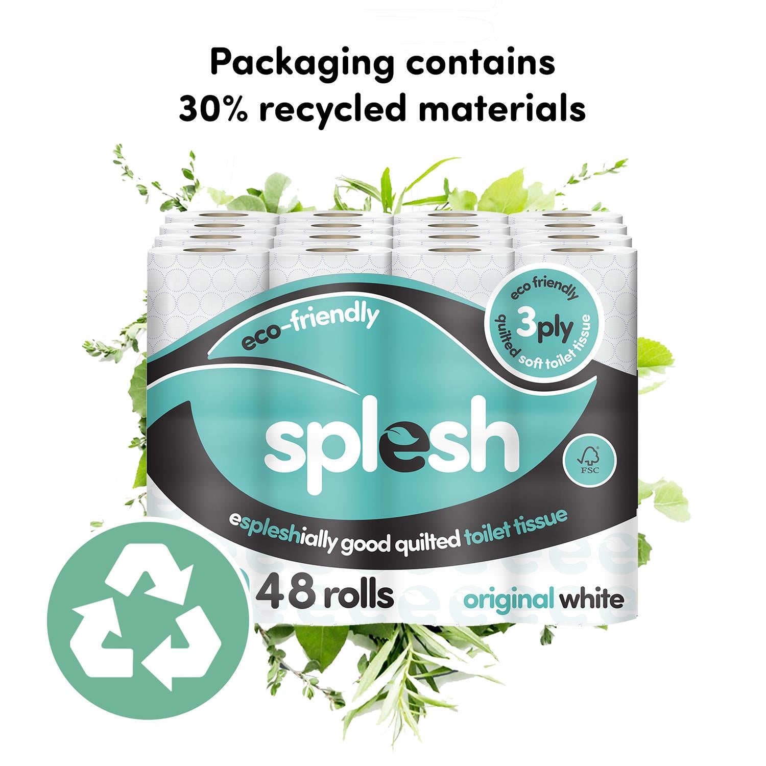 Splesh Toilet Roll Soft & Quilted 3-Ply Original White Toilet Tissue, 48 Rolls - Splesh