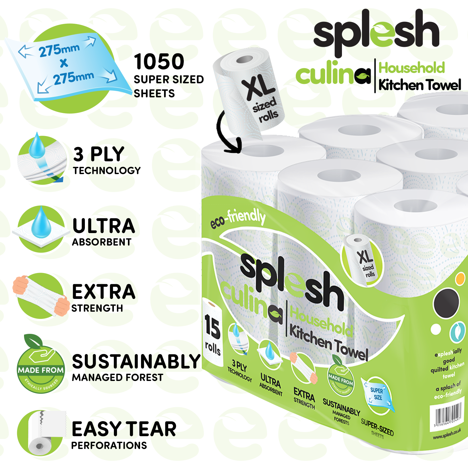 Splesh Culina Kitchen Towel 3 Ply Ultra Absorbent Household XL Roll, 15 Rolls - Splesh