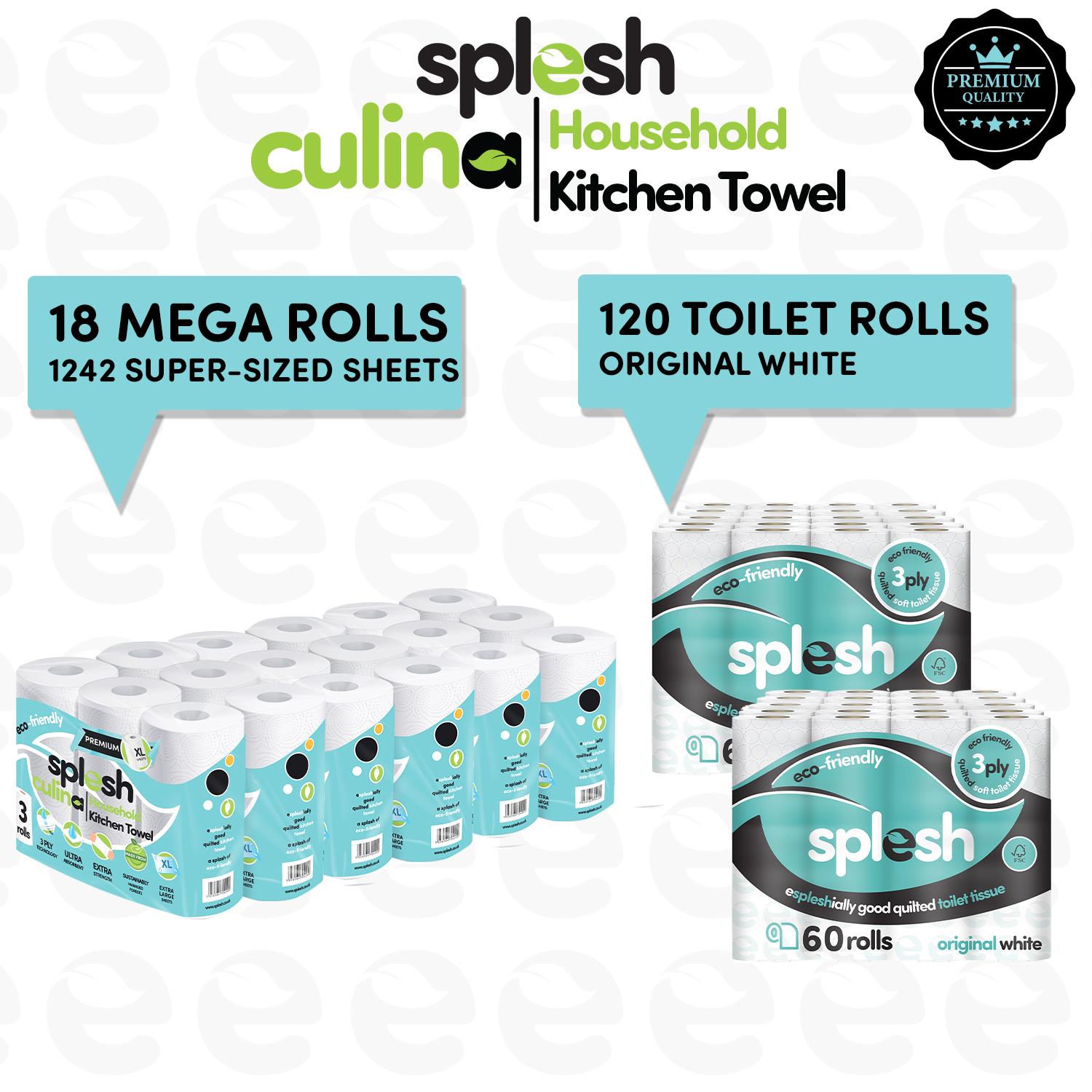 Splesh Toilet Roll Quilted White 120 Rolls with Culina Kitchen Towel 18 Rolls - Splesh