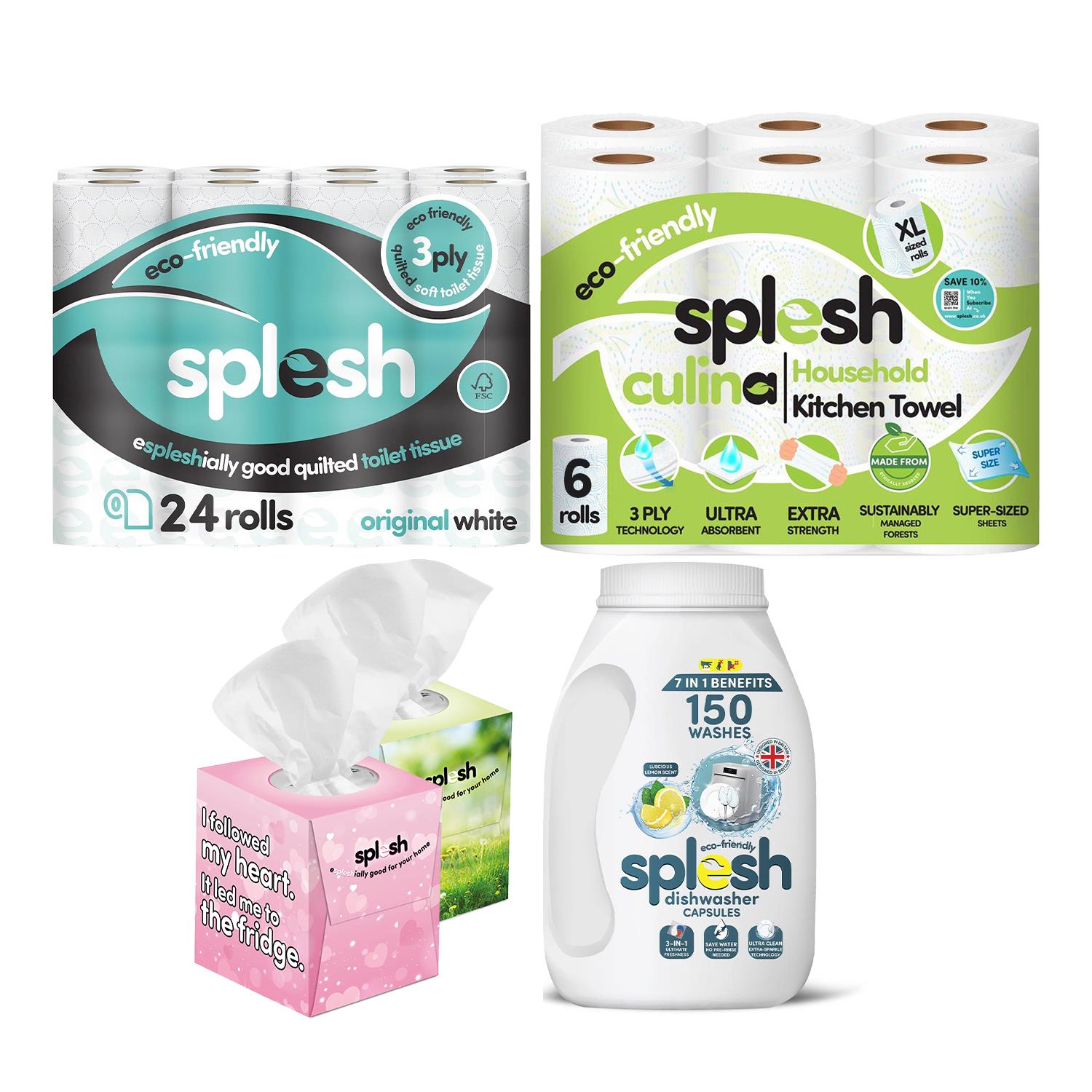 Collection of Splush products including toilet tissue, kitchen towels, and dishwashing liquid