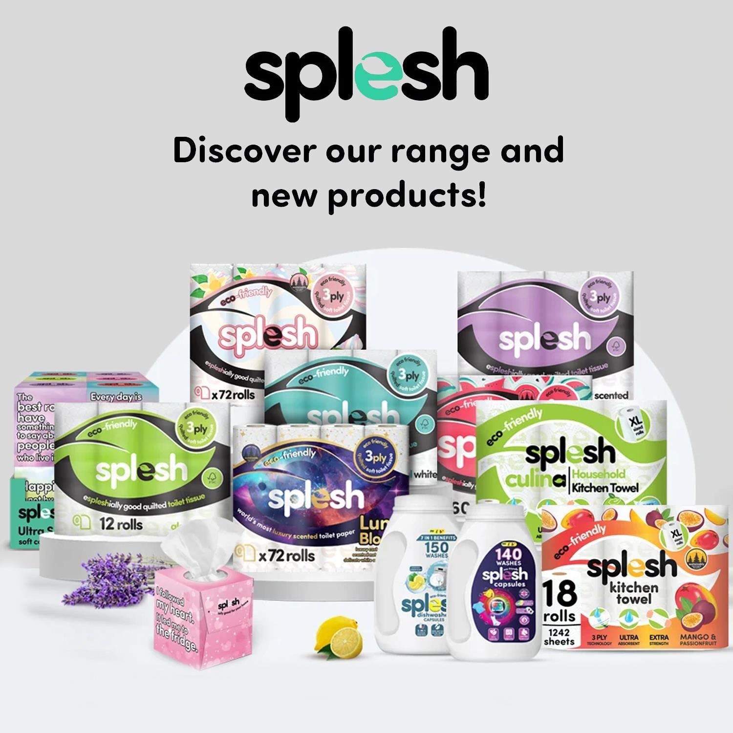 Splesh product range including tissues, laundry detergent, and kitchen towels