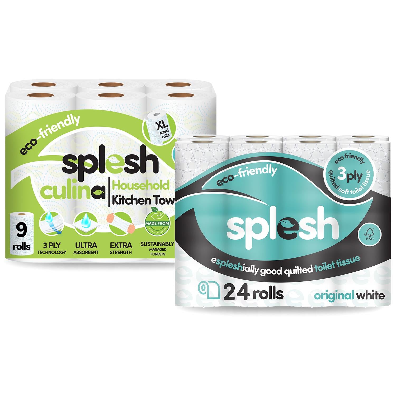 Splesh Toilet Roll Quilted White 24 Rolls with Culina Kitchen Towel 9 Rolls - Splesh