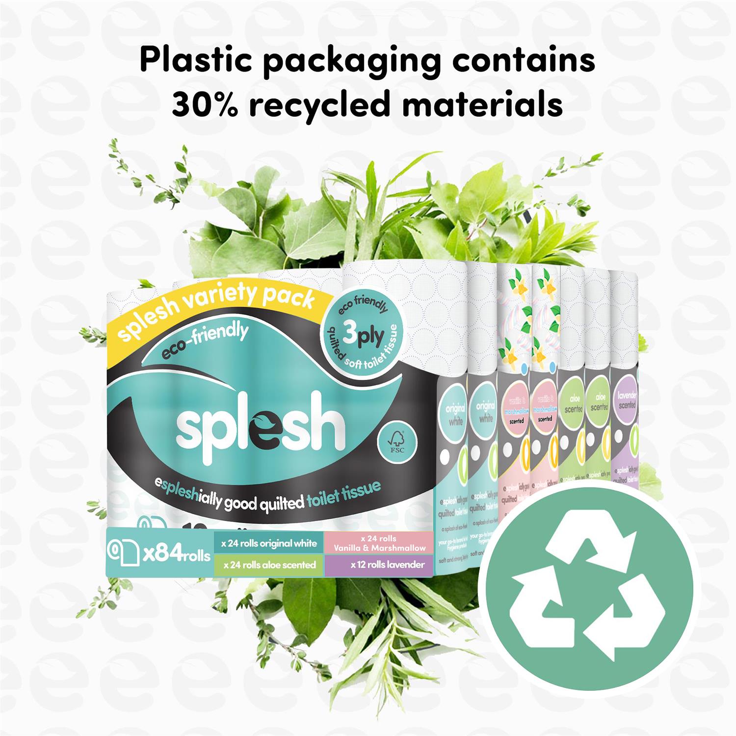 Splesh Variety Pack 84 Toilet Rolls (x24 White, Aloe, Vanilla + x12 Lavender) - Splesh