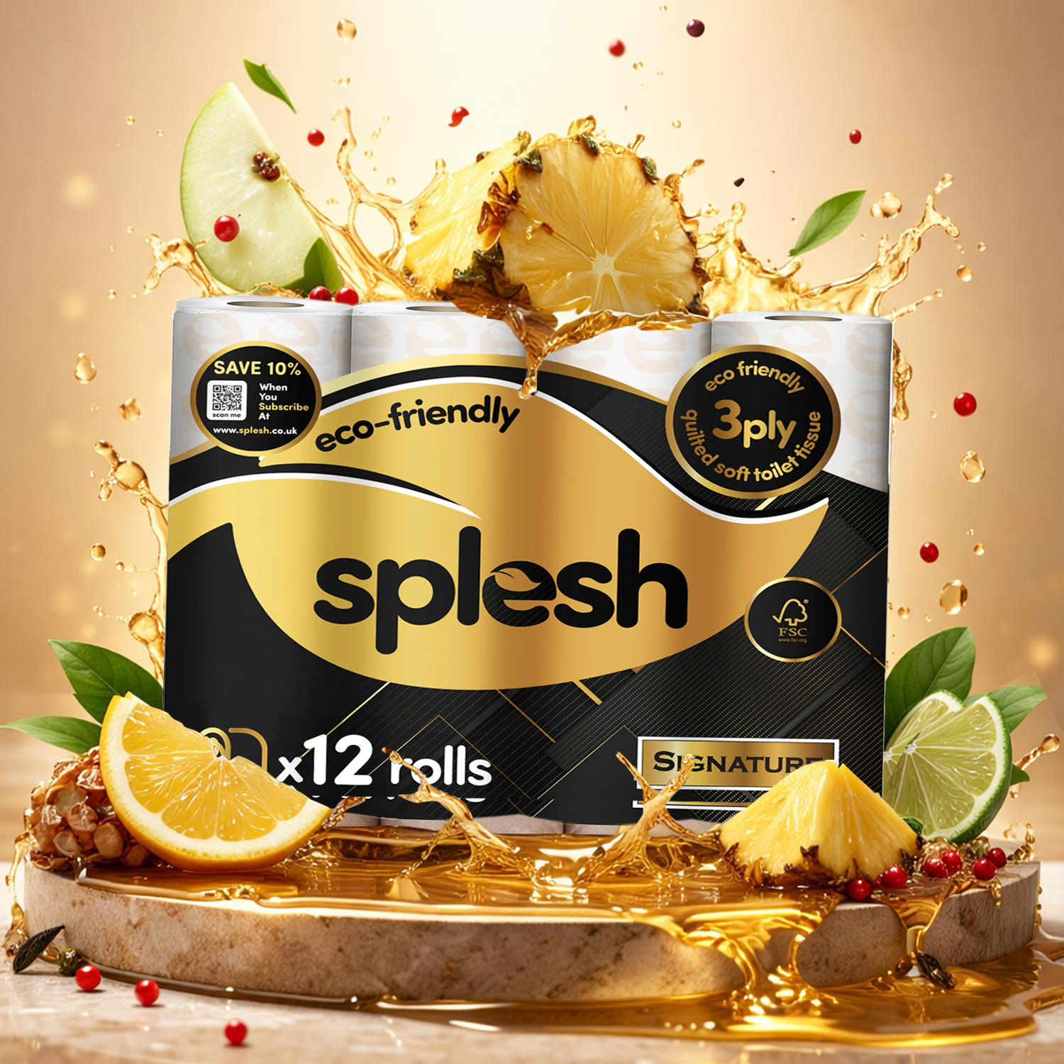 Splesh Signature 12-Rolls Pineapple, Bergamot & Smoky Woods scented toilet tissue.