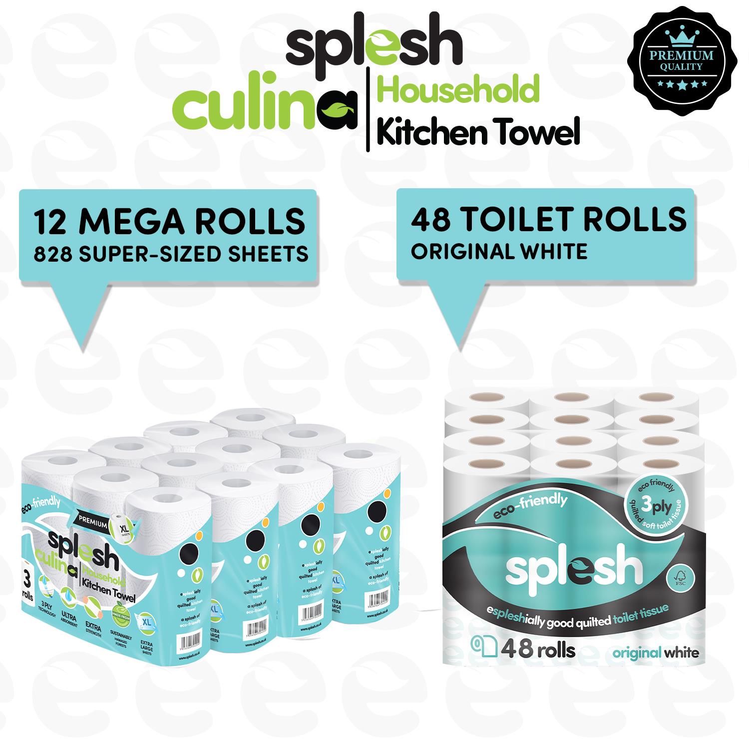 Splesh Toilet Roll Quilted White 48 Rolls with Culina Kitchen Towel 12 Rolls - Splesh