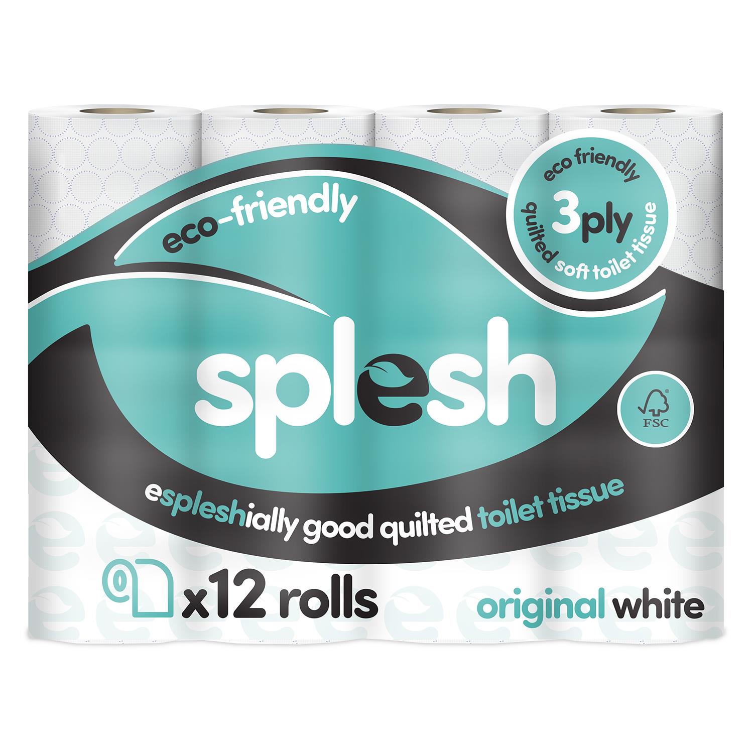 Splesh Toilet Roll Soft & Quilted 3-Ply Original White Toilet Tissue, 12 Rolls - Splesh
