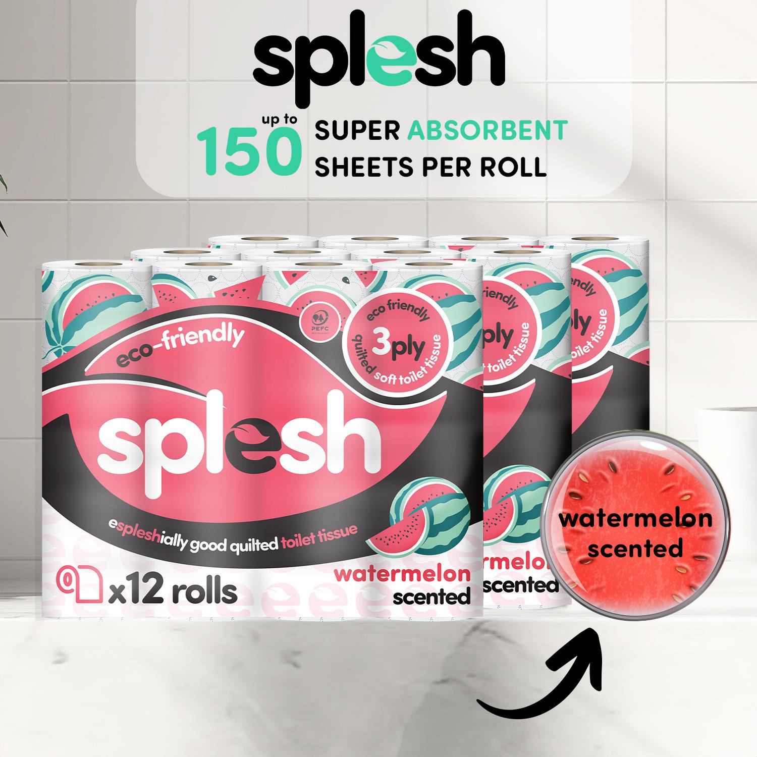 Splesh Quilted Toilet Roll Luxury Watermelon 3-Ply Soft Toilet Paper, 96 Rolls - Splesh