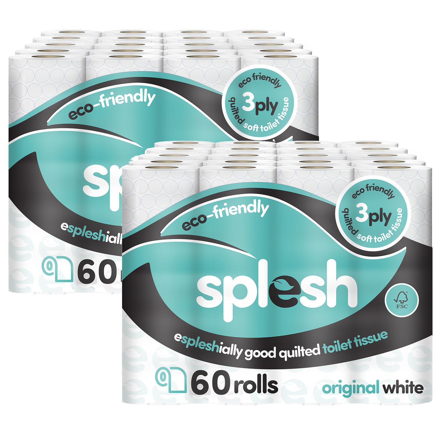 Splesh Toilet Roll Soft & Quilted 3-Ply Original White Toilet Tissue, 120 Rolls - Splesh