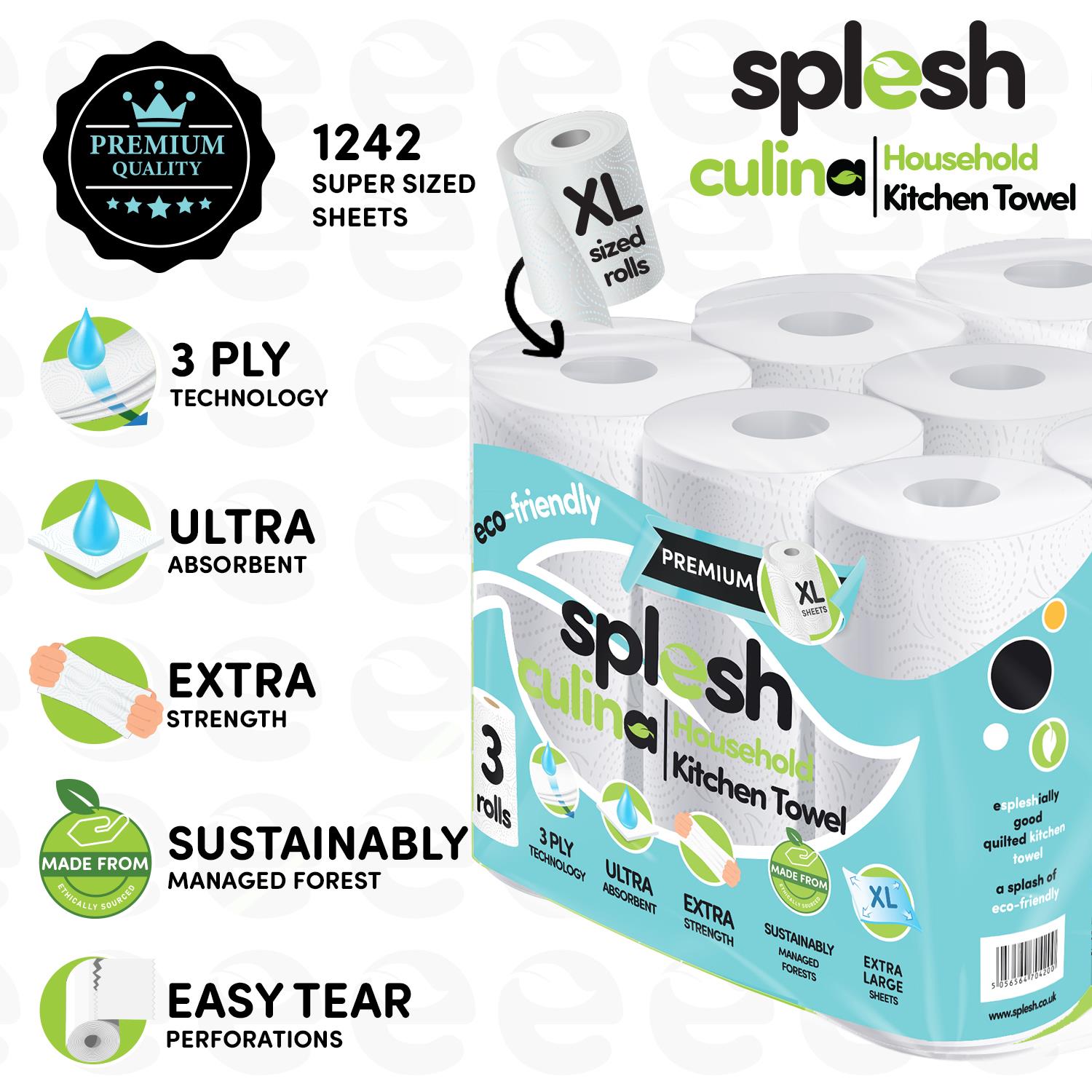 Splesh Culina Kitchen Towel 3 Ply Ultra Absorbent Household XL Roll, 18 Rolls - Splesh
