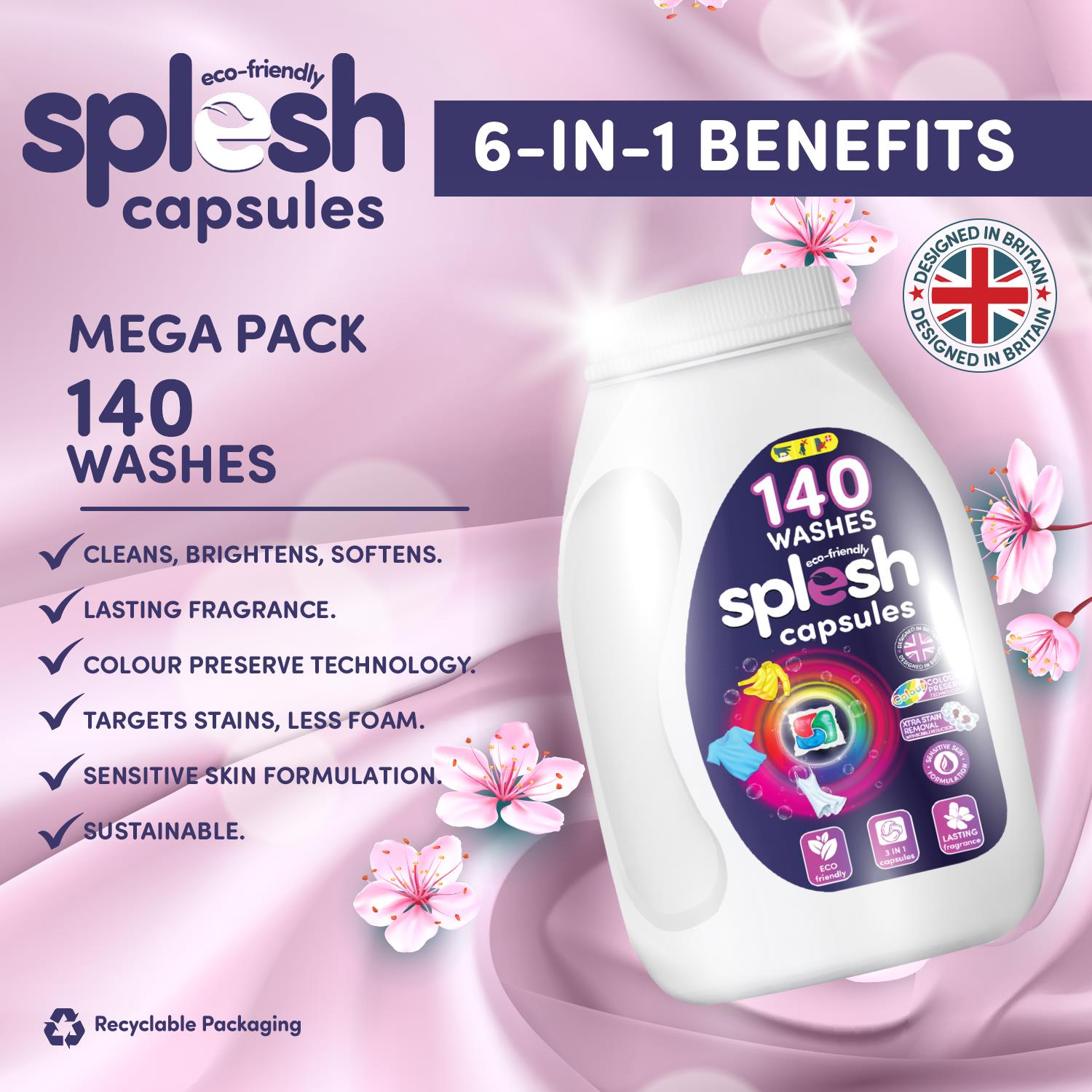 Splesh Xtra Stain Removal 3in1 Laundry Capsules, 5 Months Supply Bulk Buy 140 Washes - Splesh