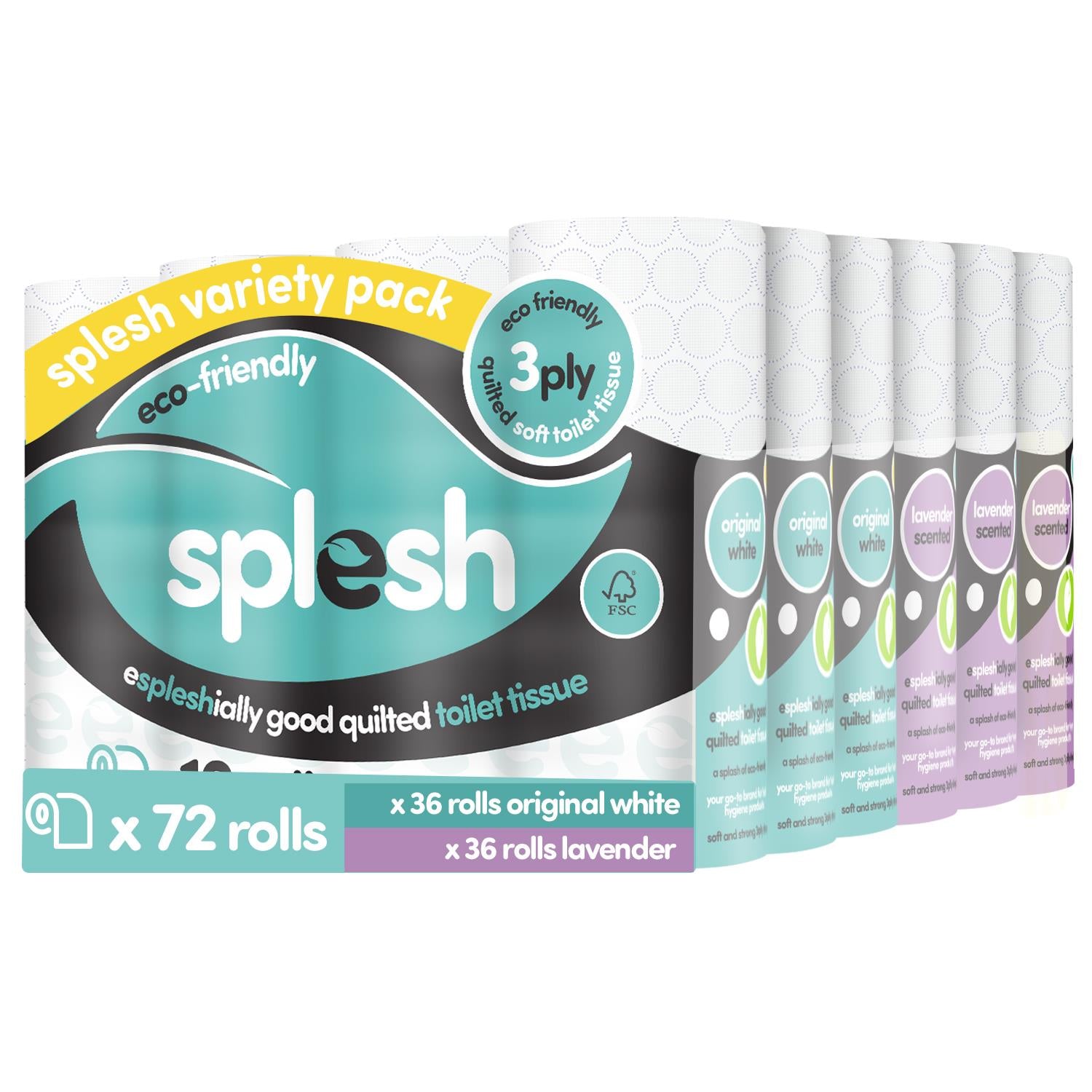 Splesh Super Saver 72 Toilet Rolls Variety Pack (36 White+36 Lavender Rolls) - Splesh