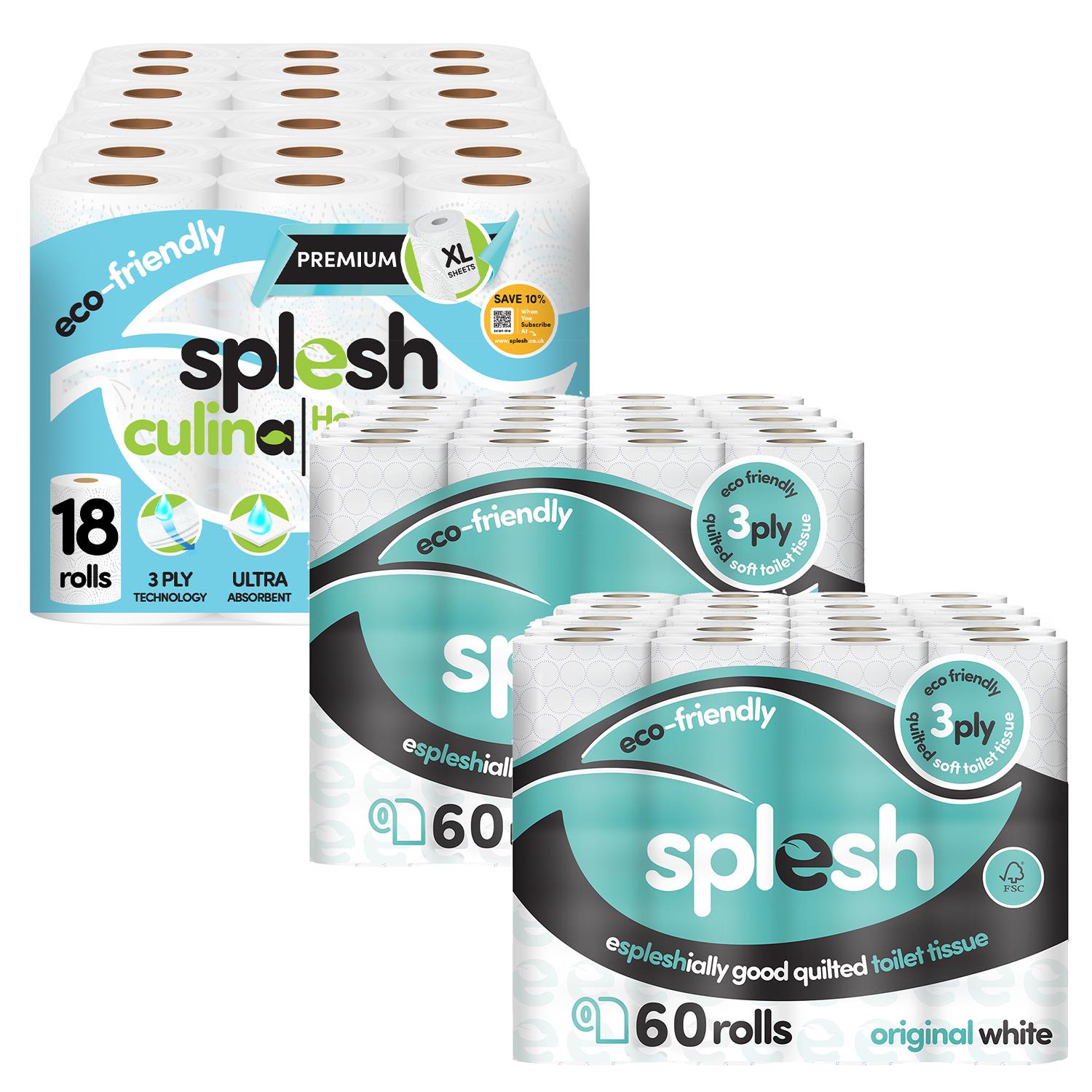 Splesh Toilet Roll Quilted White 120 Rolls with Culina Kitchen Towel 18 Rolls - Splesh