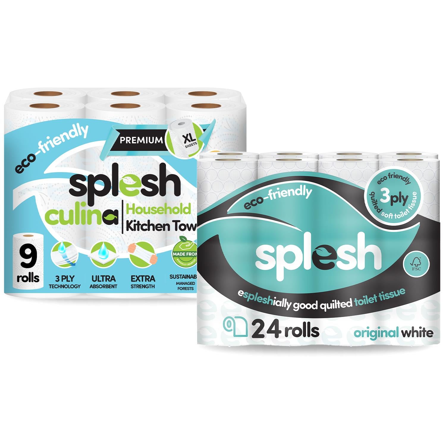 Splesh Toilet Roll Quilted White 24 Rolls with Culina Kitchen Towel 9 Rolls - Splesh