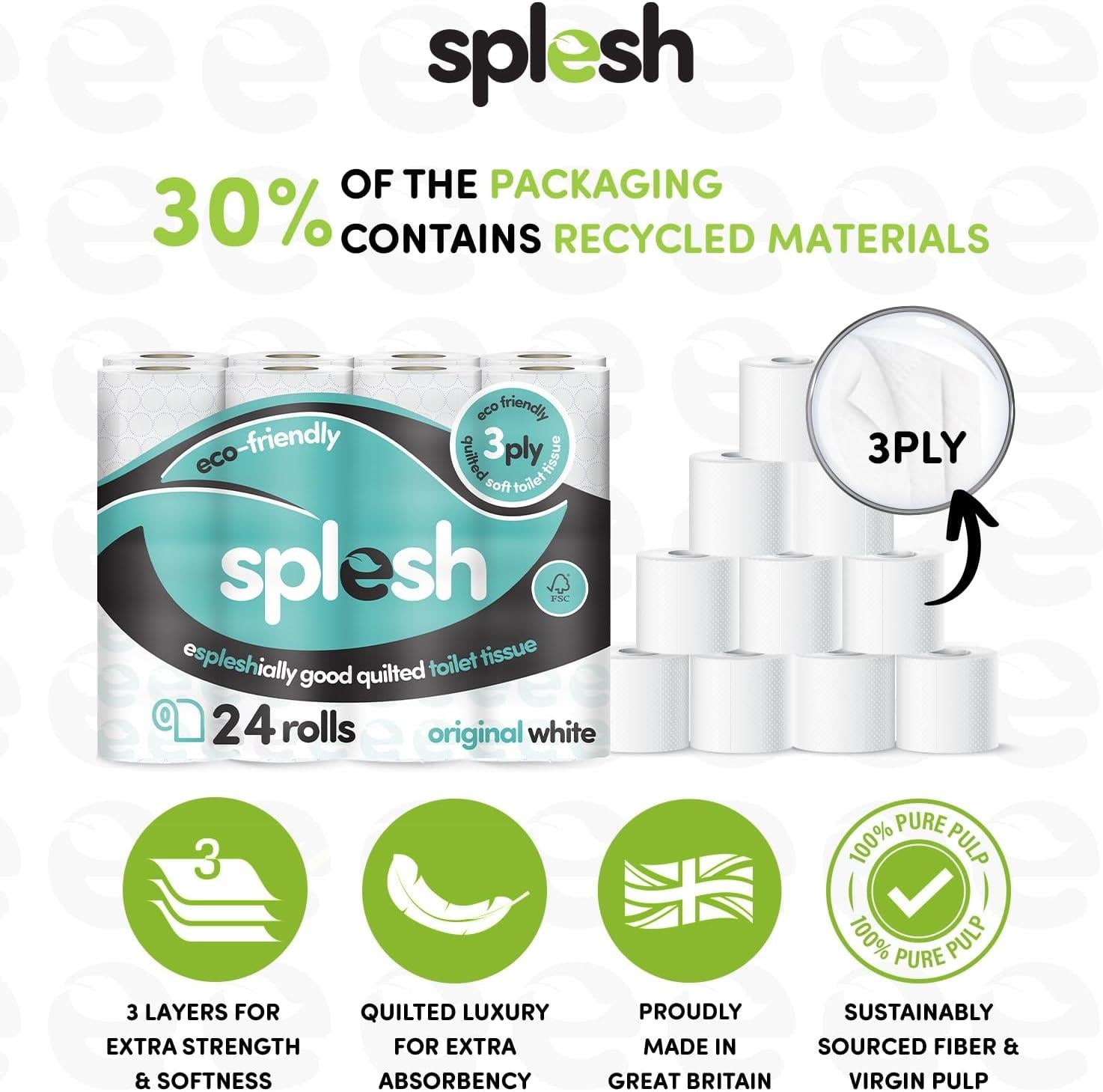 Splesh Toilet Paper Original White 3Ply 24 Rolls w/ 3in1 Dishwasher Tablets 150W - Splesh