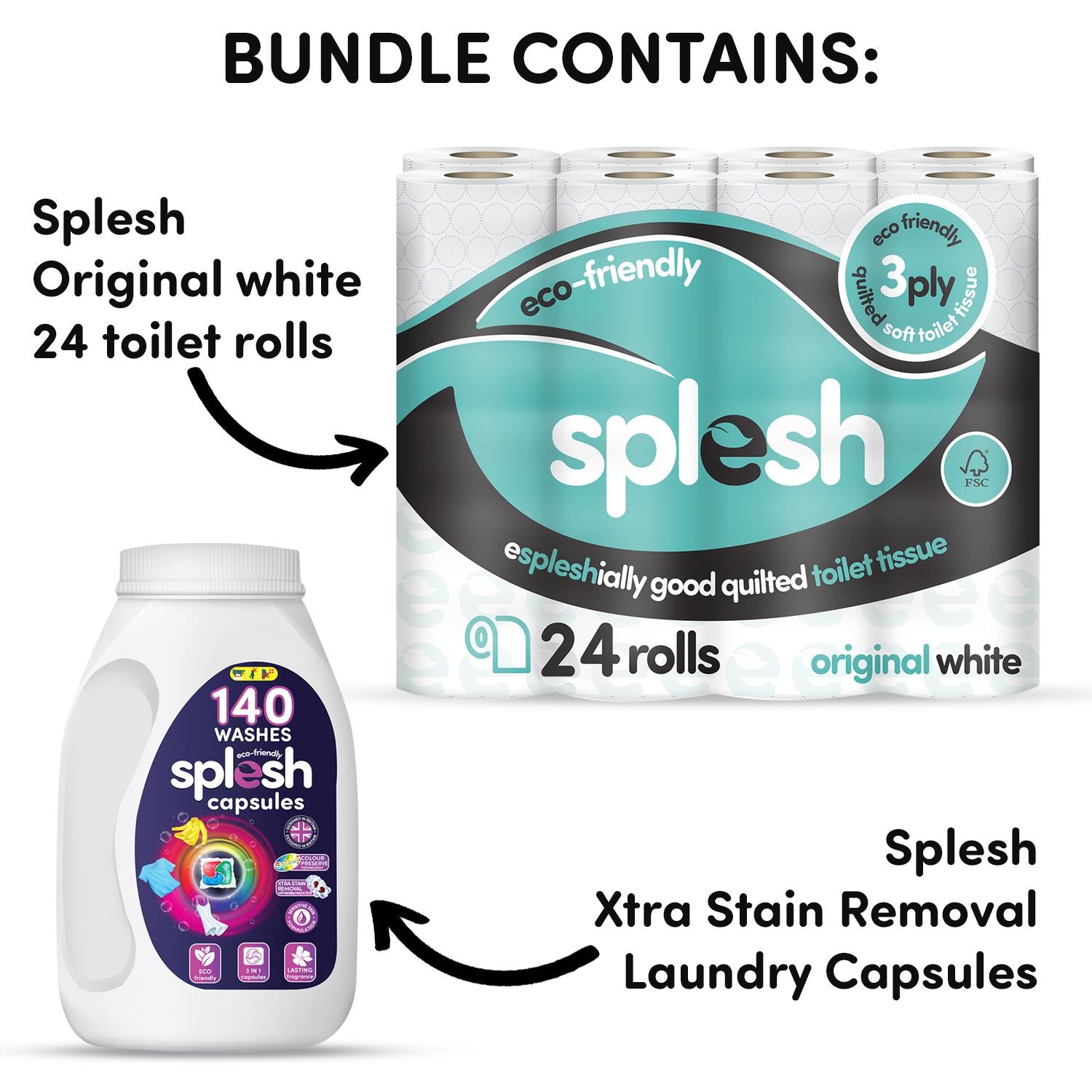 Splesh Toilet Paper Original White 3Ply 24 Rolls with 3in1 Laundry Capsules 140W - Splesh