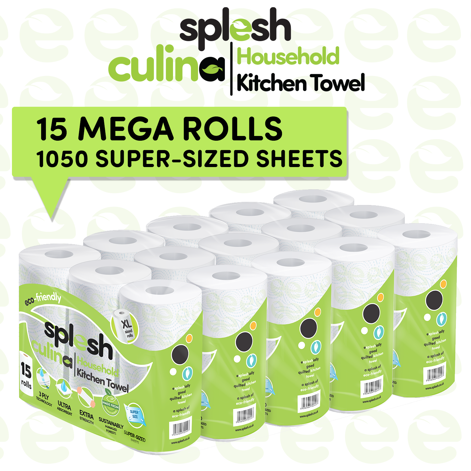 Splesh Culina Kitchen Towel 3 Ply Ultra Absorbent Household XL Roll, 15 Rolls - Splesh
