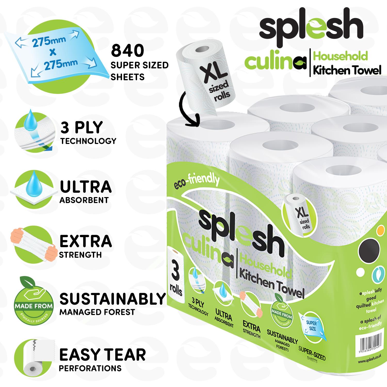 Splesh Toilet Roll Quilted White 48 Rolls with Culina Kitchen Towel 12 Rolls - Splesh
