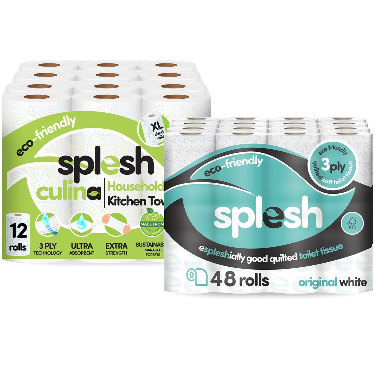 Splesh Toilet Roll Quilted White 48 Rolls with Culina Kitchen Towel 12 Rolls - Splesh