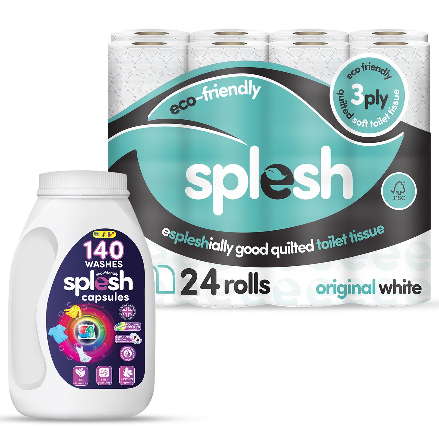Splesh Toilet Paper Original White 3Ply 24 Rolls with 3in1 Laundry Capsules 140W - Splesh