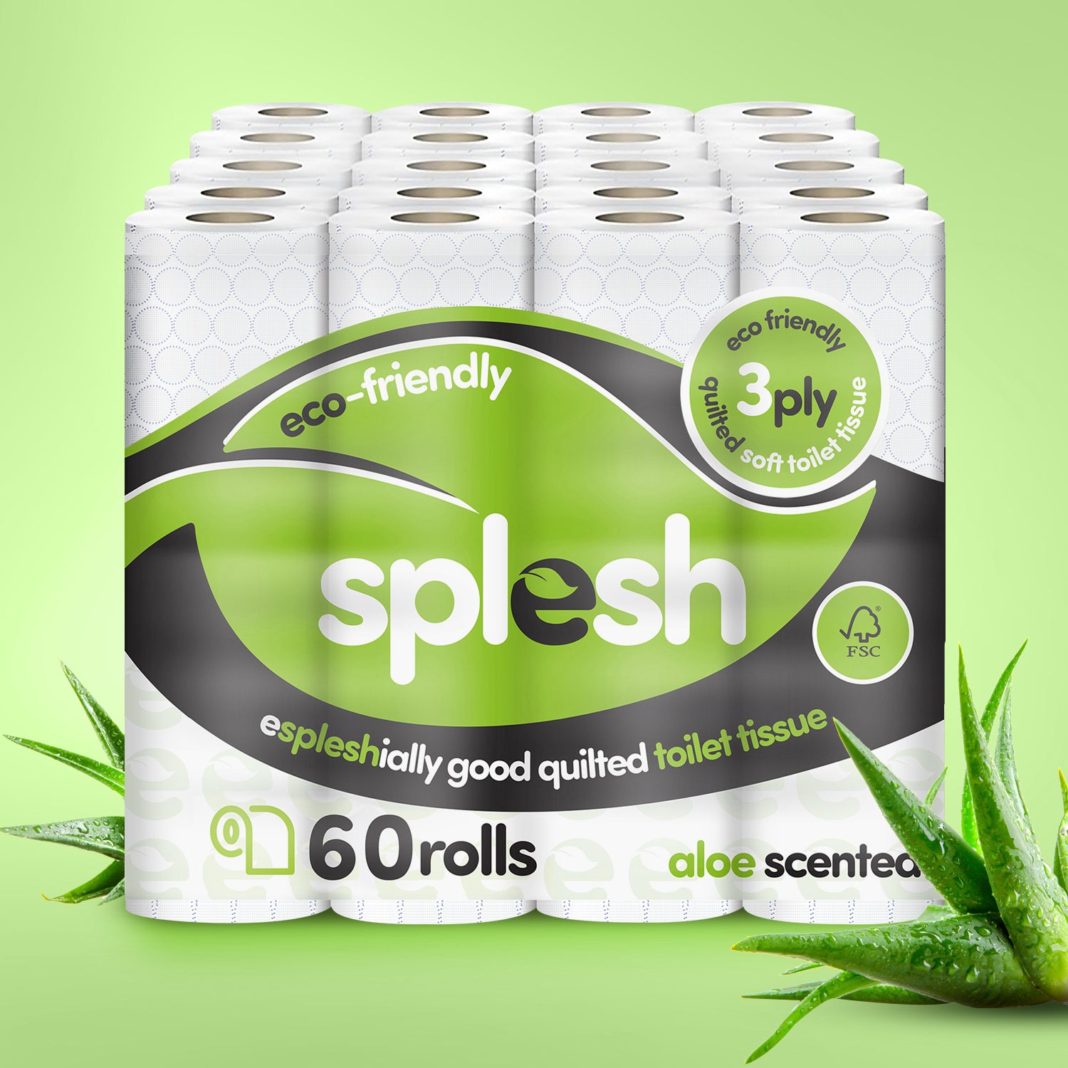 Splesh Toilet Roll Eco-Friendly, Soft & Quilted, Aloe Vera (60 Rolls)