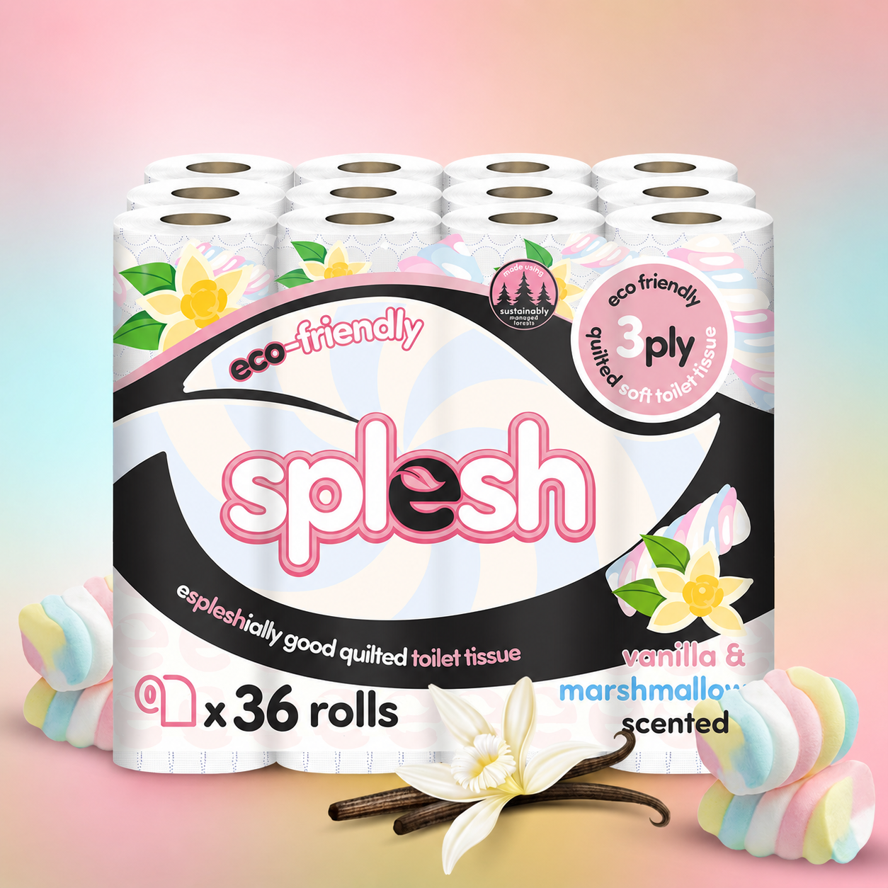 Splesh vanilla and marshmallow scented 3-ply toilet tissue, 36 rolls