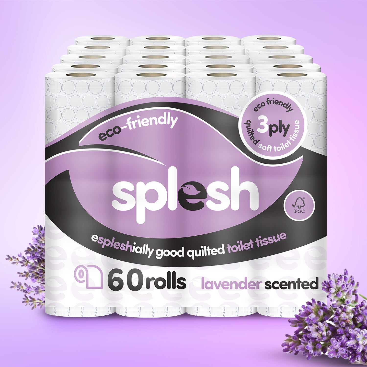 Splesh Toilet Roll, Soft & Quilted Eco-Friendly Lavender, 60 Rolls