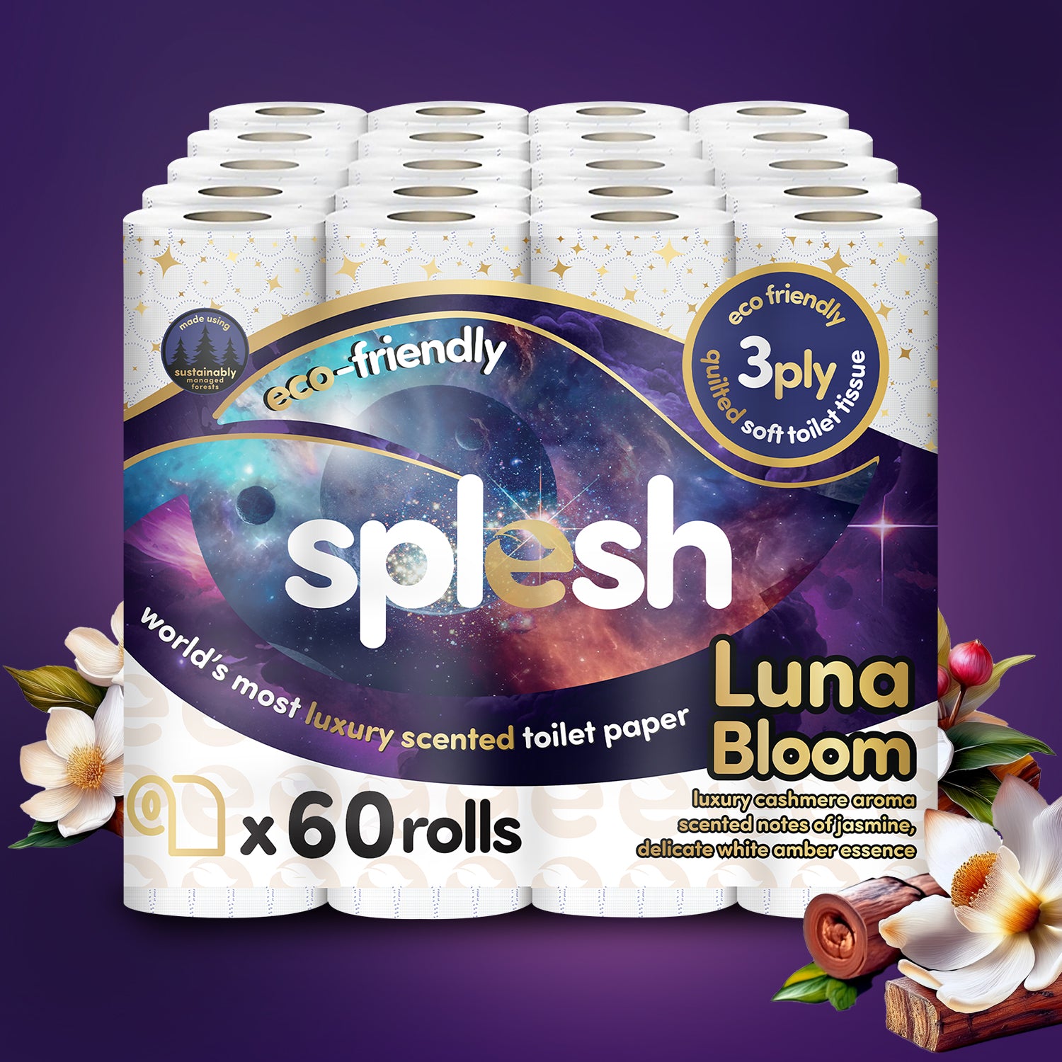 Splesh Quilted Luna Bloom 3-Ply Luxury Scented Toilet Tissue Paper, 60 Rolls