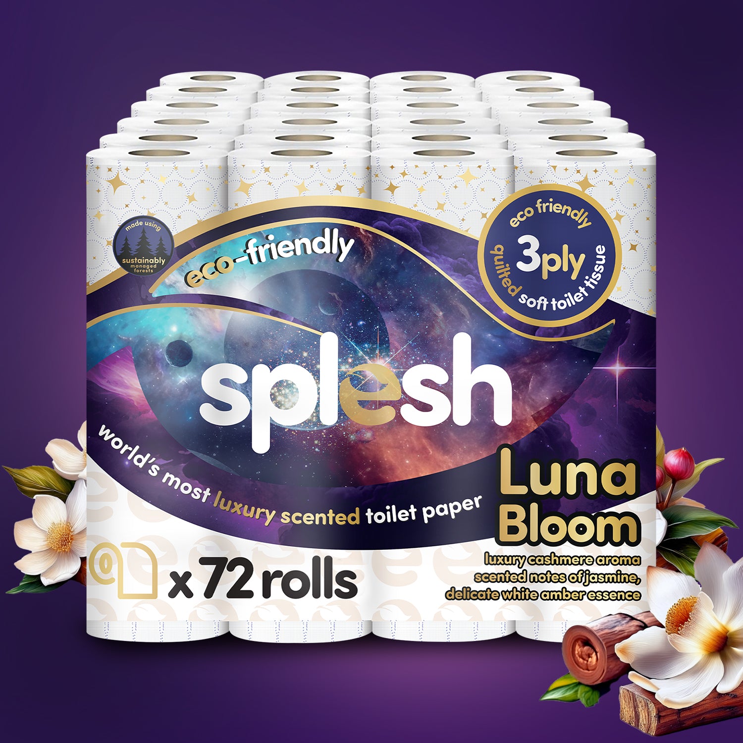 Splesh Quilted Luna Bloom 3-Ply Luxury Scented Toilet Tissue Paper, 72 Rolls