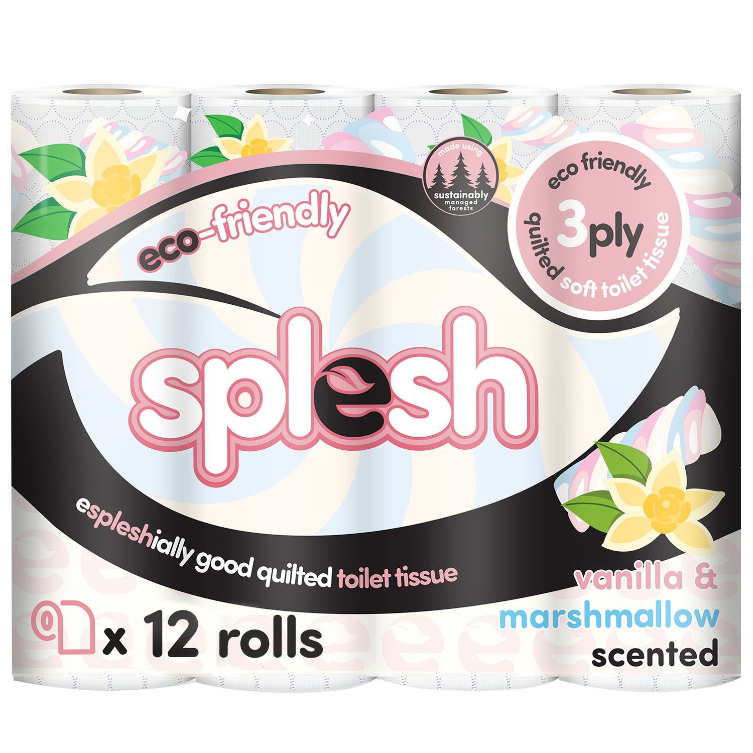 Splesh toilet tissue rolls with vanilla & marshmallow scent